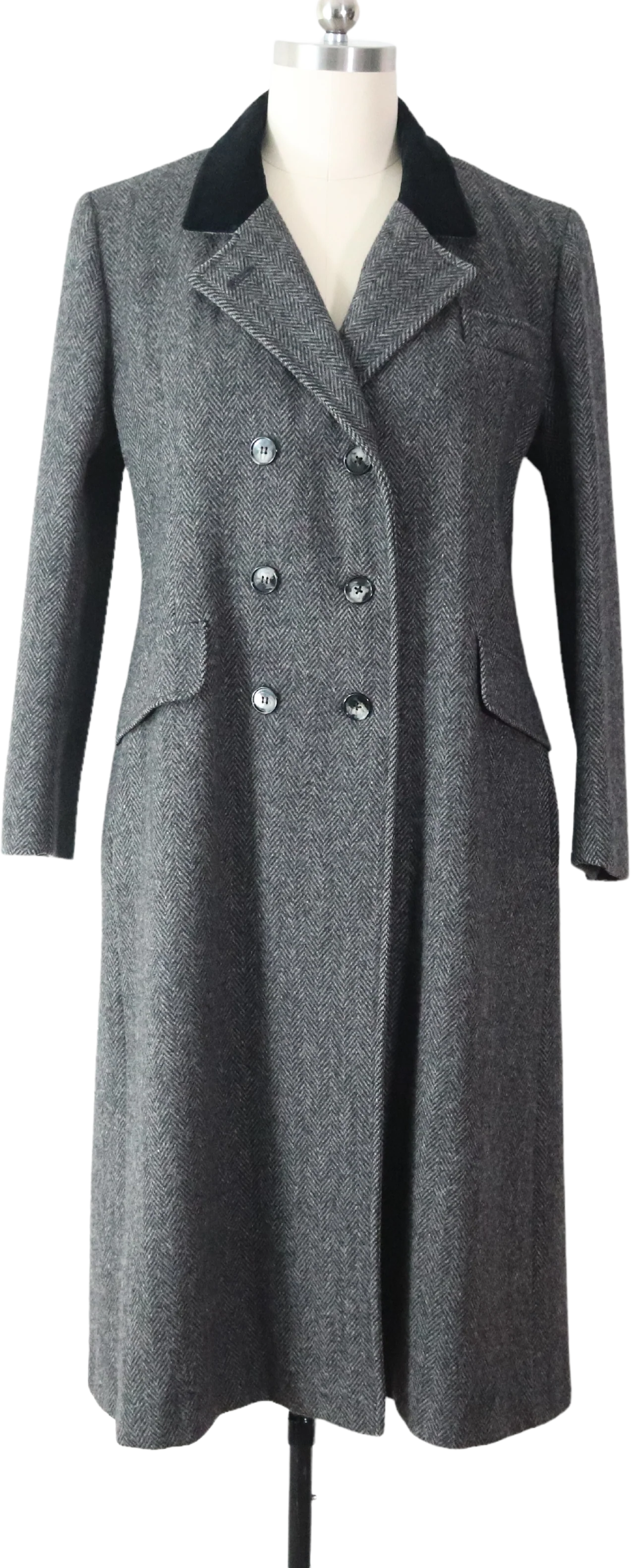 80s/90s Herringbone Tweed 100% Pure Wool Long Coat By Karen