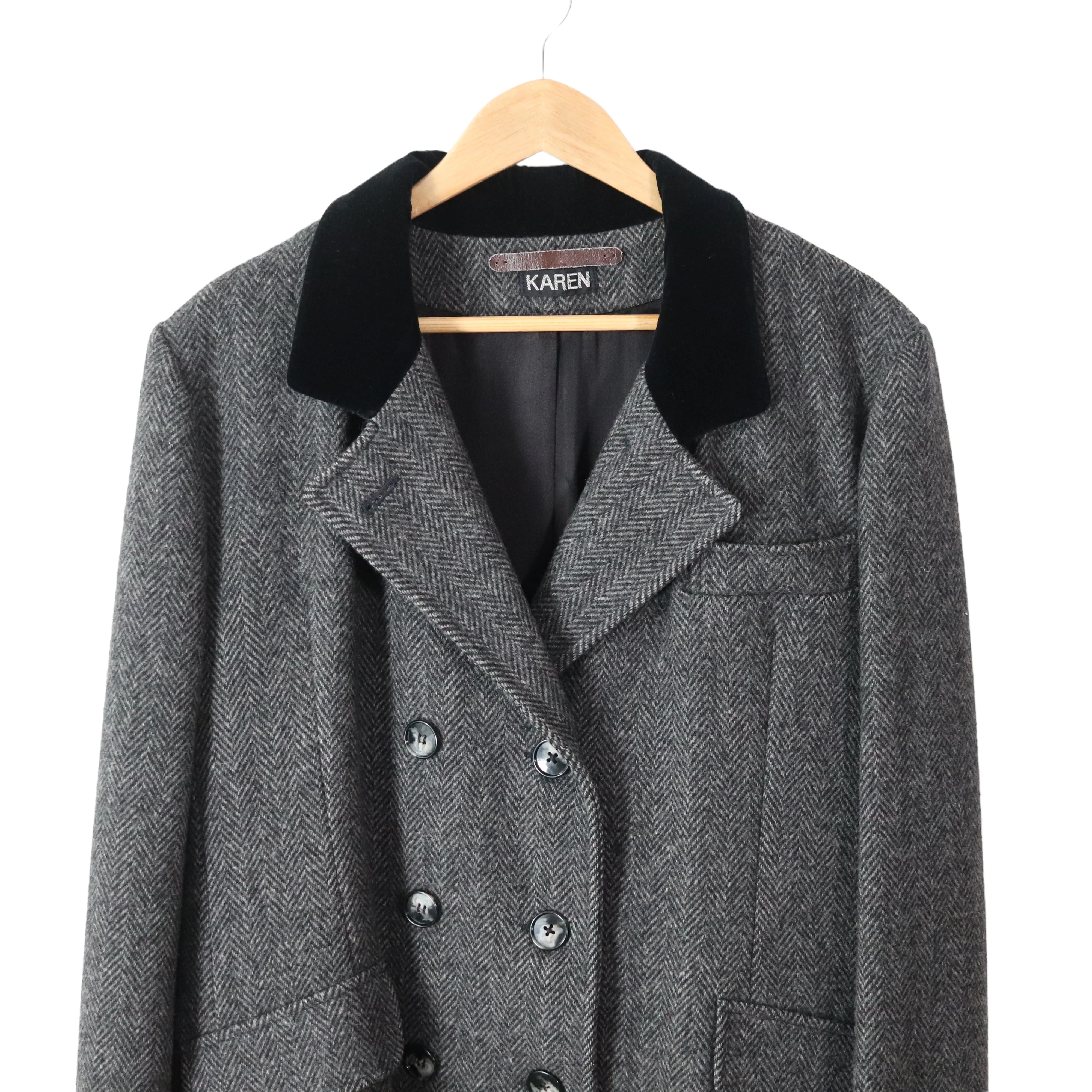 80s/90s Herringbone Tweed 100% Pure Wool Long Coat By Karen - Image 10