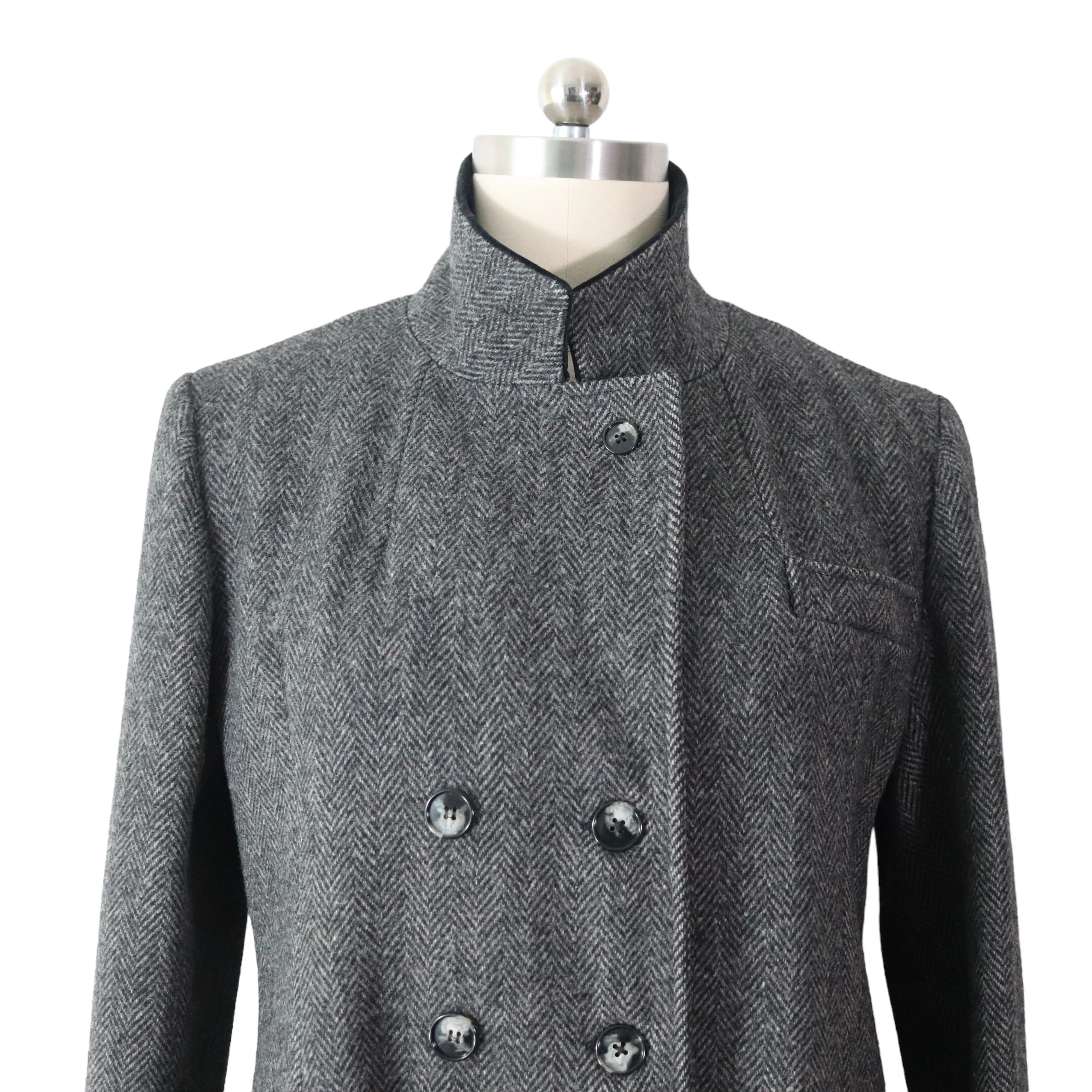 80s/90s Herringbone Tweed 100% Pure Wool Long Coat By Karen - Image 6