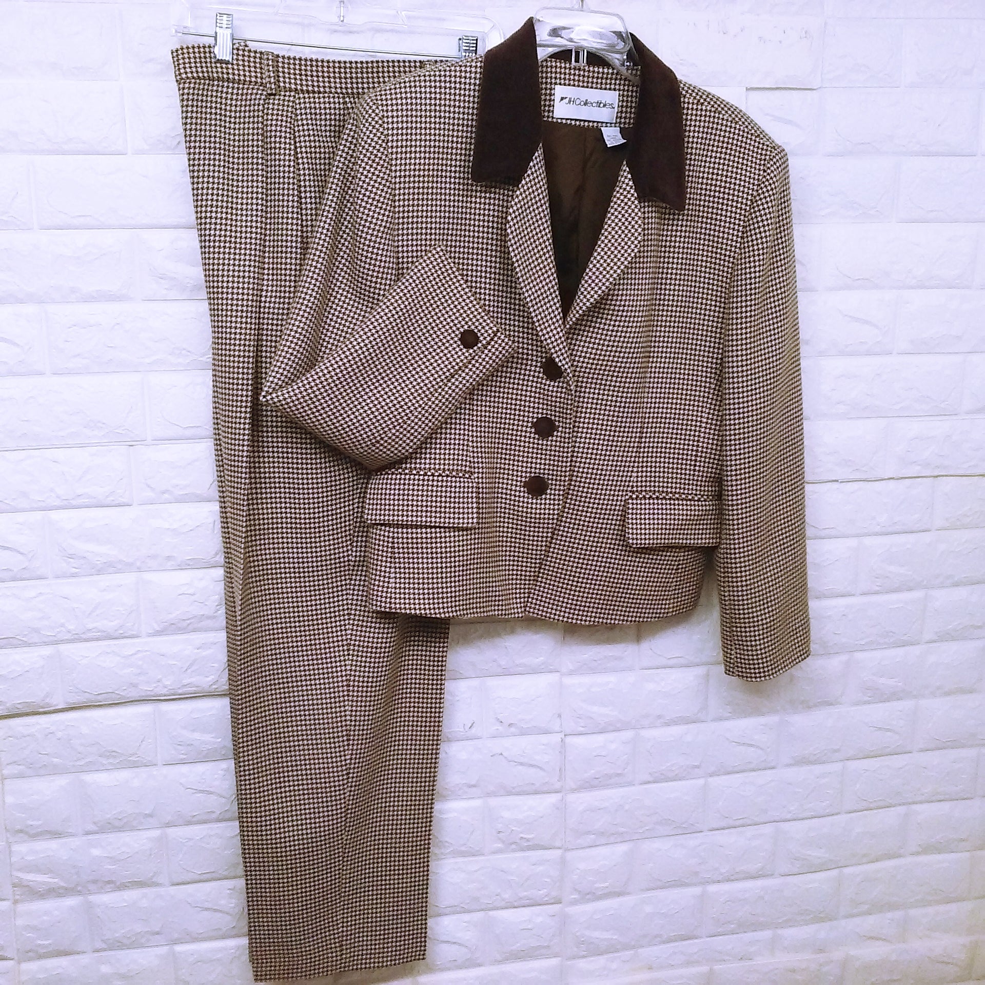 80s/90s Houndstooth Blazer Trouser Suit 2pc Set Wool Lined By Jh Collectibles Garment Union Tags Usa-Made - Image 3