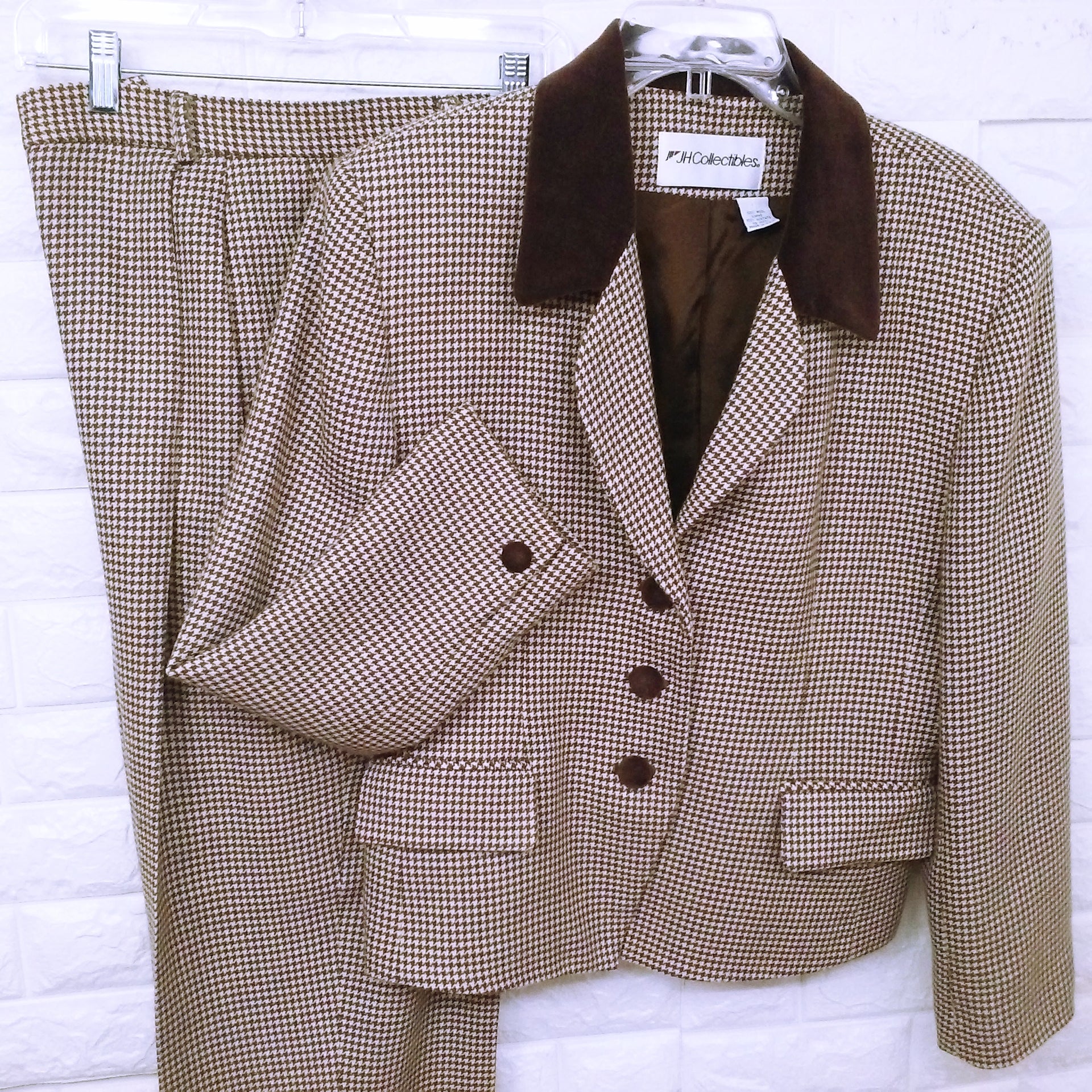 80s/90s Houndstooth Blazer Trouser Suit 2pc Set Wool Lined By Jh Collectibles Garment Union Tags Usa-Made - Image 4