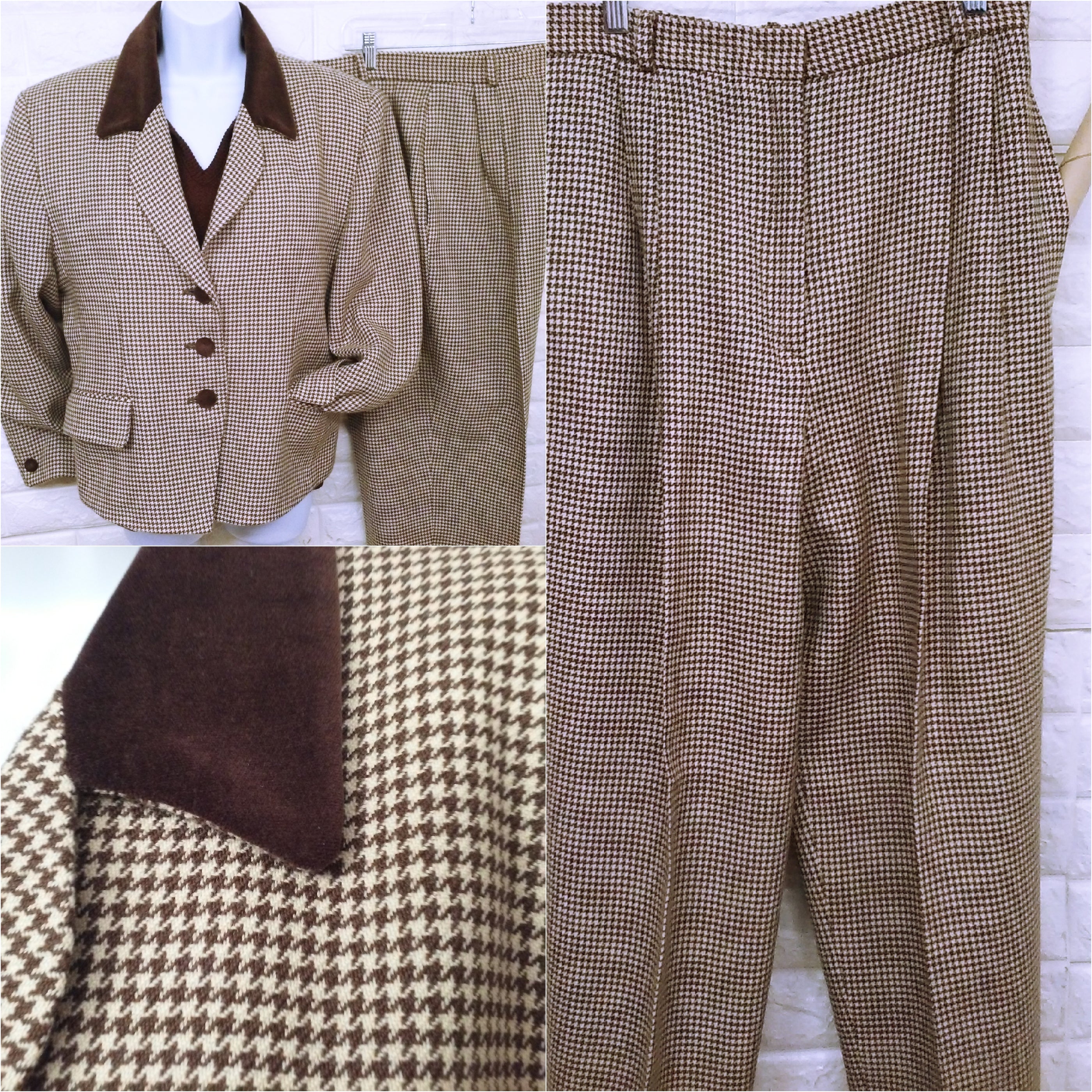 80s/90s Houndstooth Blazer Trouser Suit 2pc Set Wool Lined By Jh Collectibles Garment Union Tags Usa-Made - Image 7
