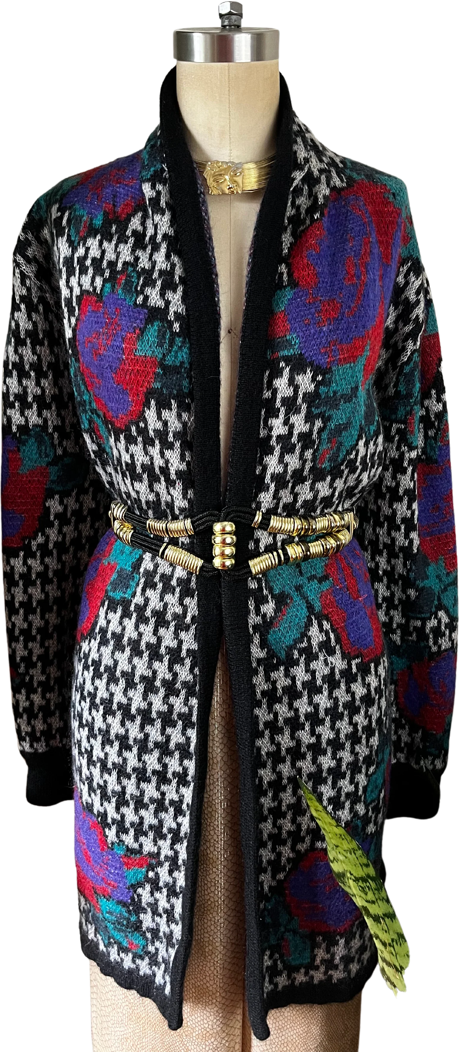 80s/90s Houndstooth Mohair Large Digi Florals Duster By Jaegar