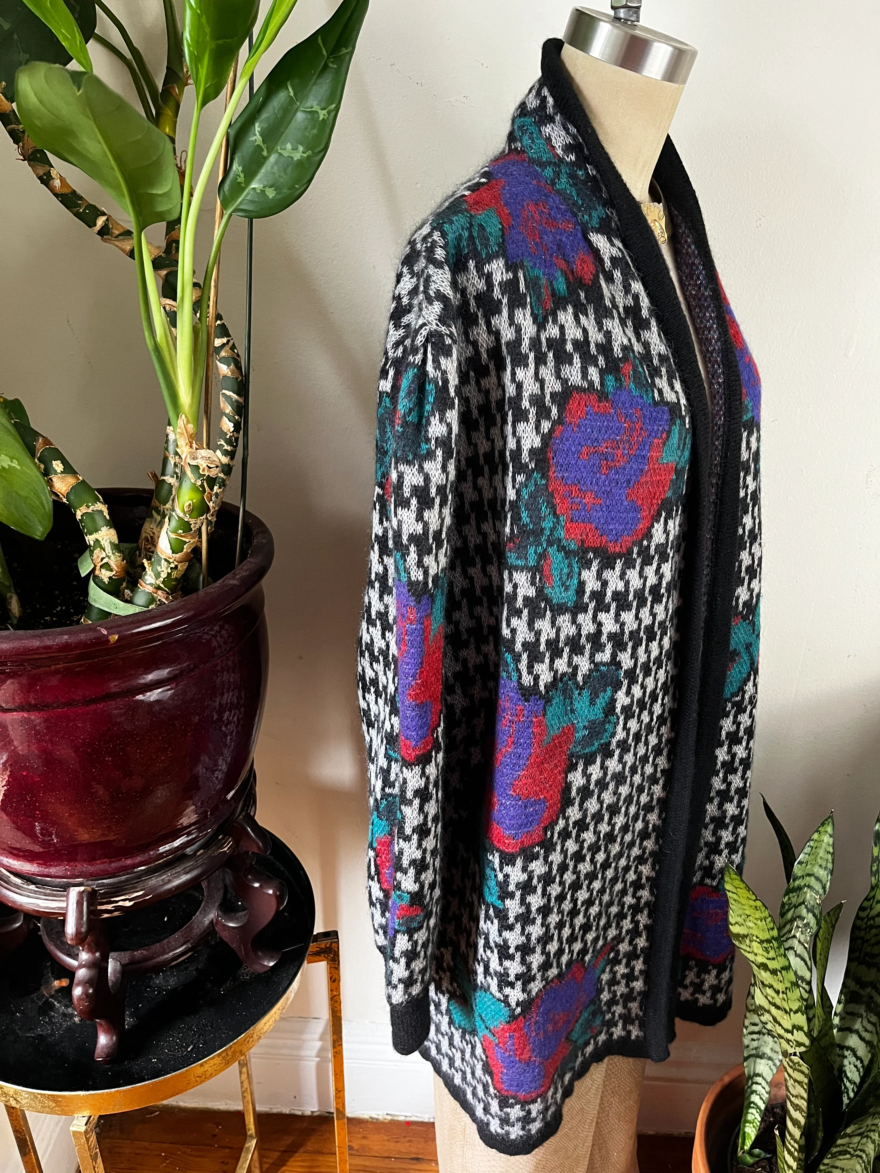 80s/90s Houndstooth Mohair Large Digi Florals Duster By Jaegar - Image 5