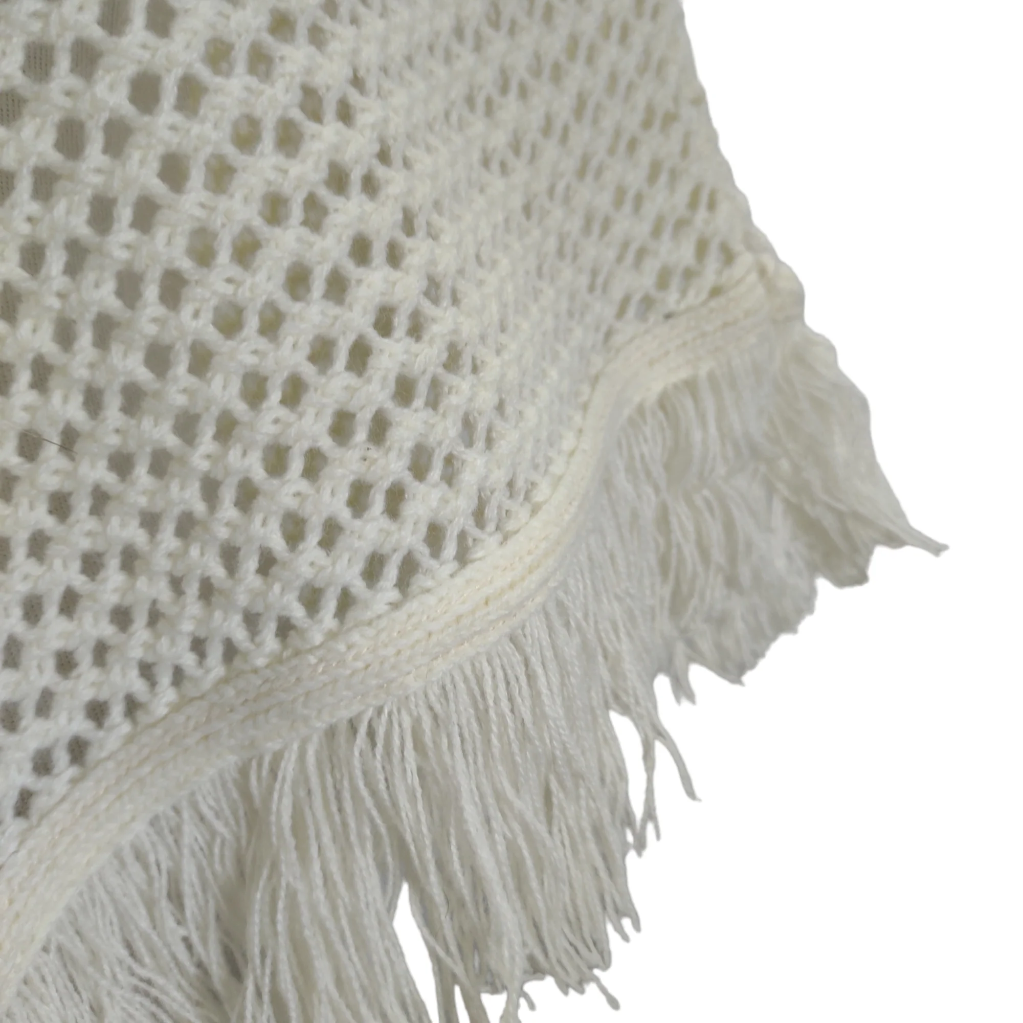 80s/90s Ivory Fringe Trim Crochet Knit Poncho By United States Sweaters - Image 3
