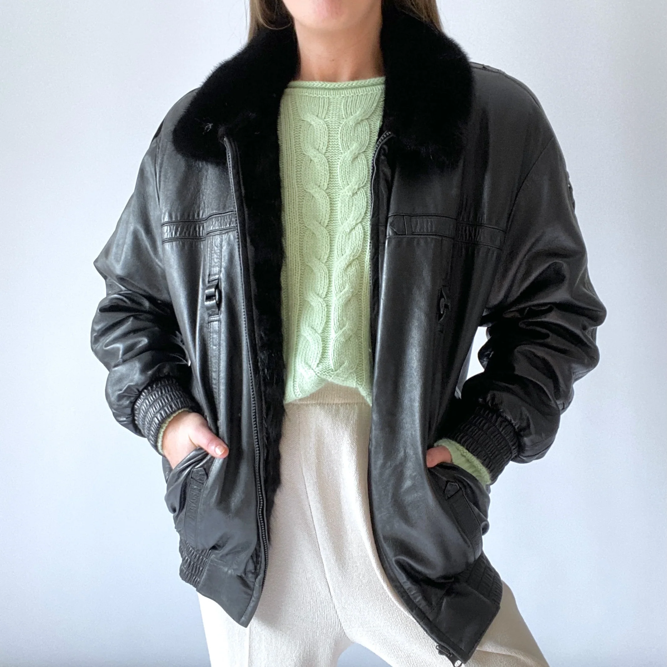 80s/90s Leather And Mink Fur Reversible Bomber Jacket - Image 5