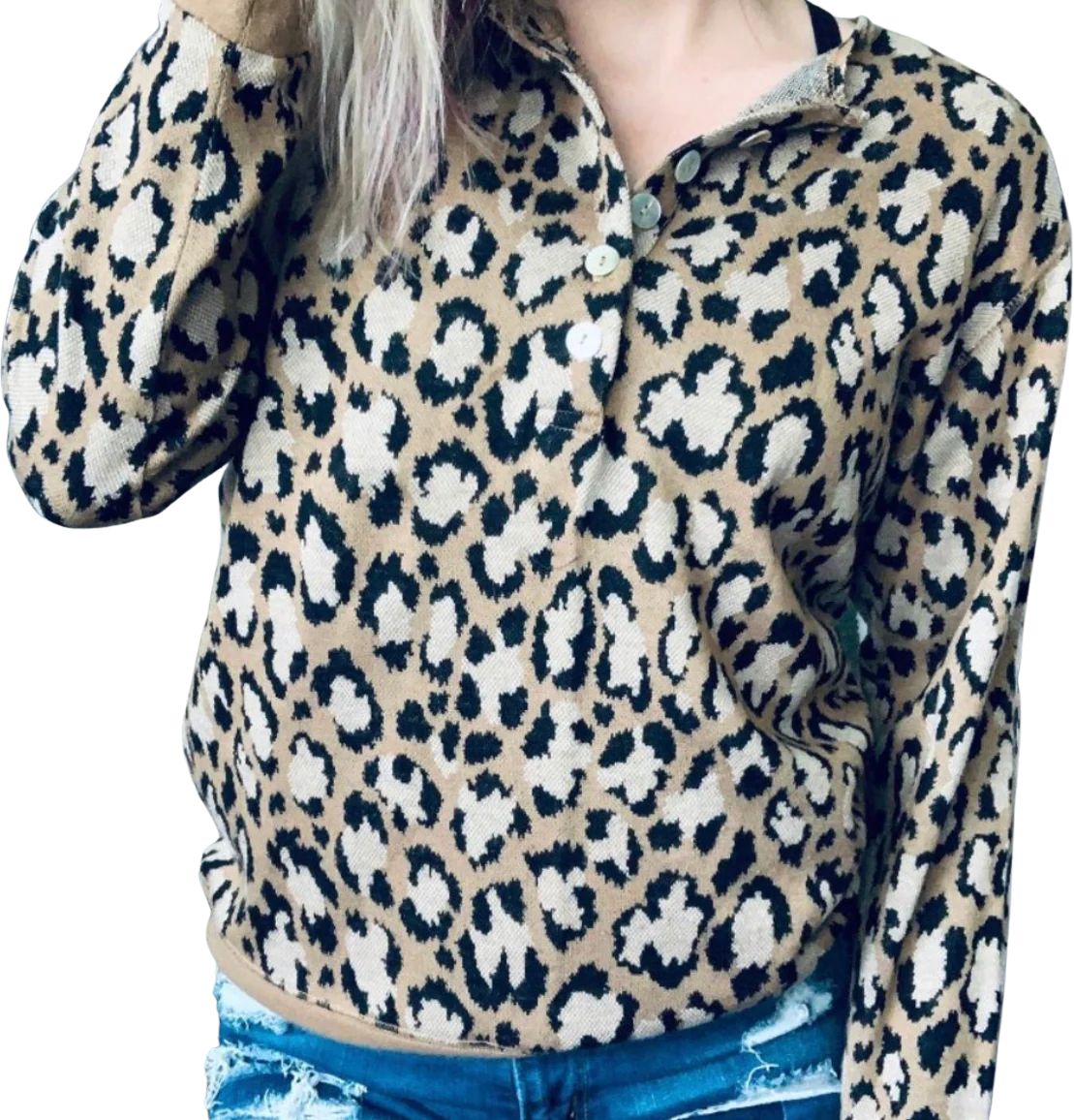 80s/90s Leopard Print Long Sleeve Henley Top By Cathy Daniels
