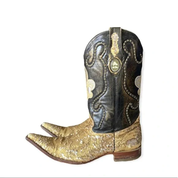 80s/90s Mens Custom Western Boots Gold Sequin And Leather By Joe Boots Custom Cowboy Boots - Image 3