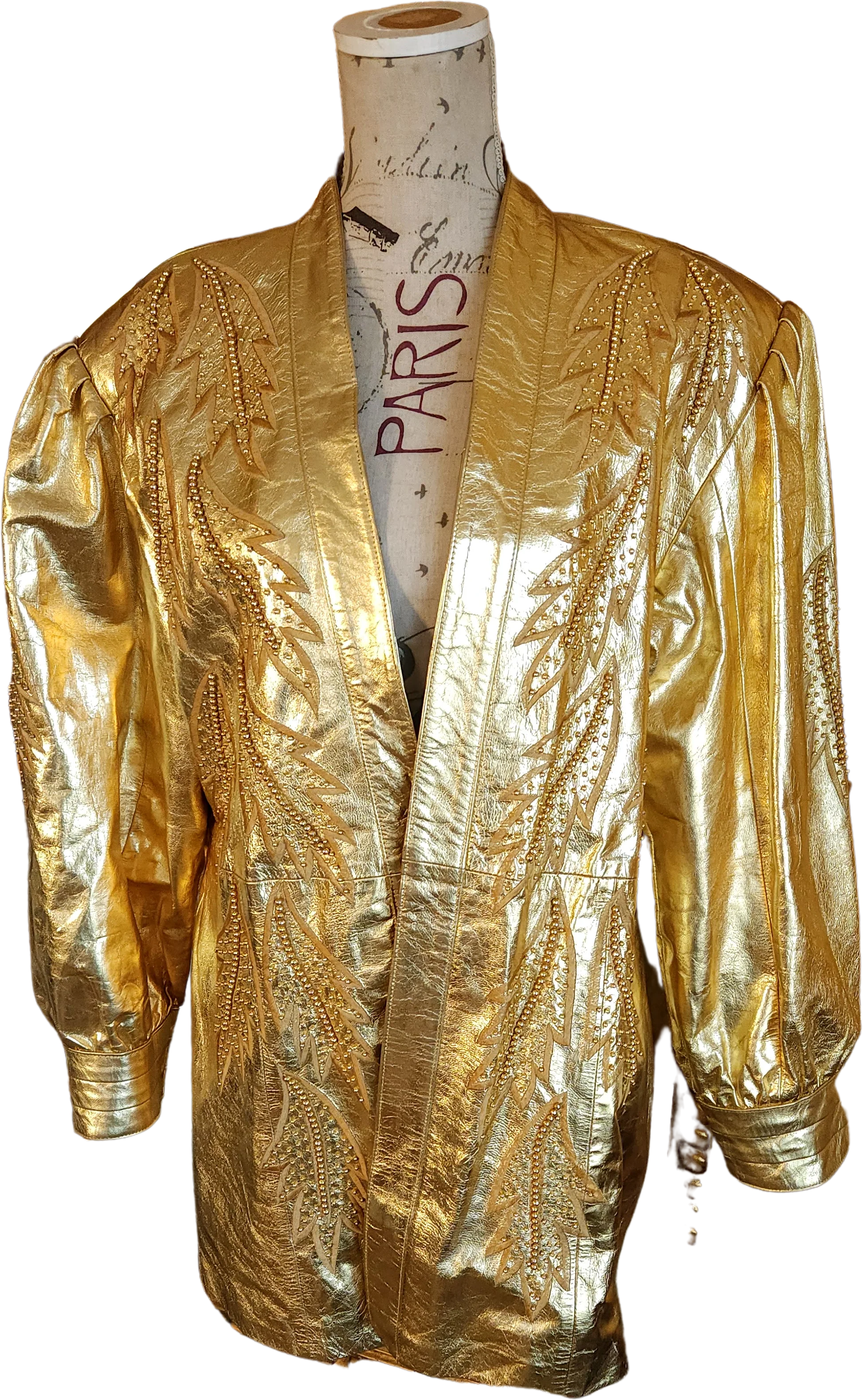 80s/90s Metallic Gold Beaded Leather Jacket By Razzmatazz