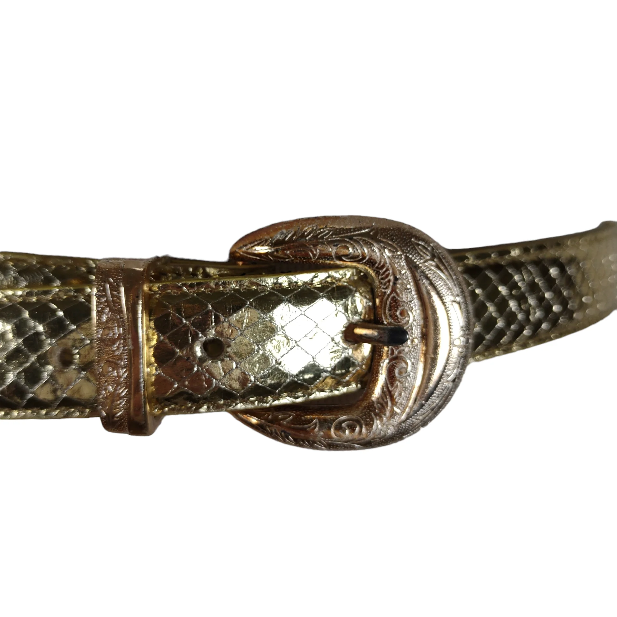 80s/90s Metallic Gold Slim Snakeskin Leather Belt - Image 3