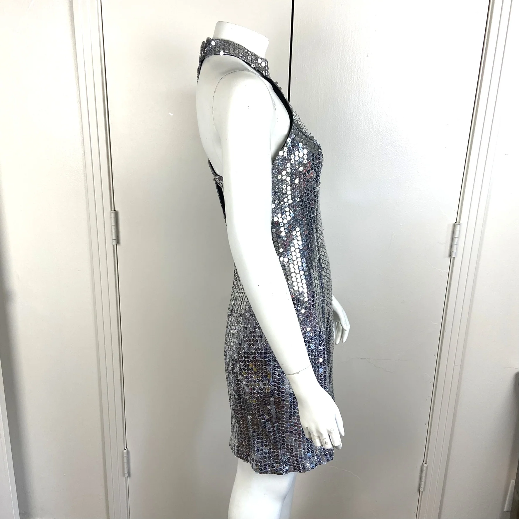 80s/90s Metallic Gray Sequin Cage Mini Bodycon Dress By Climax - Image 5