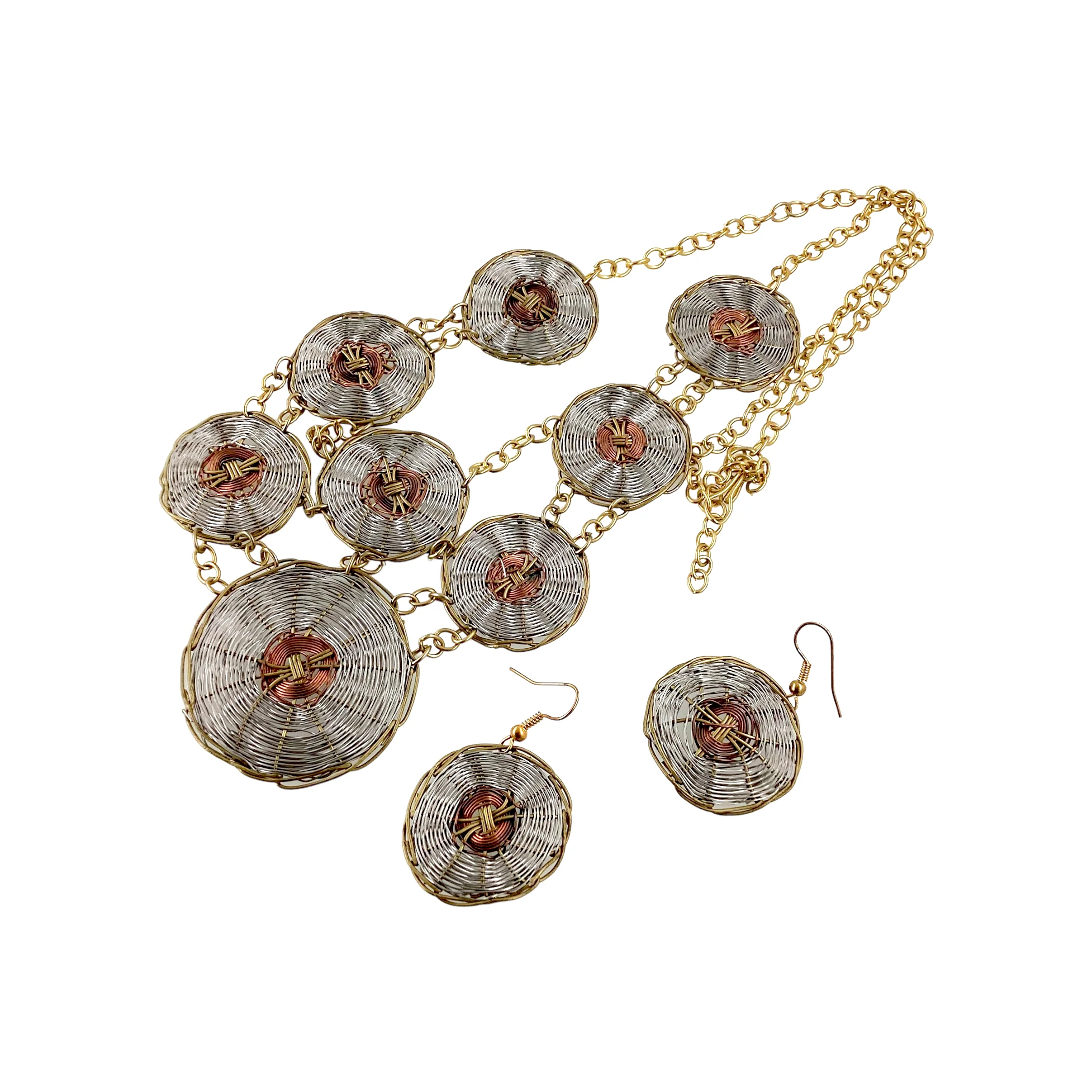 80s/90s Mixed Metals Basket Waved Earrings Necklace Set - Image 3