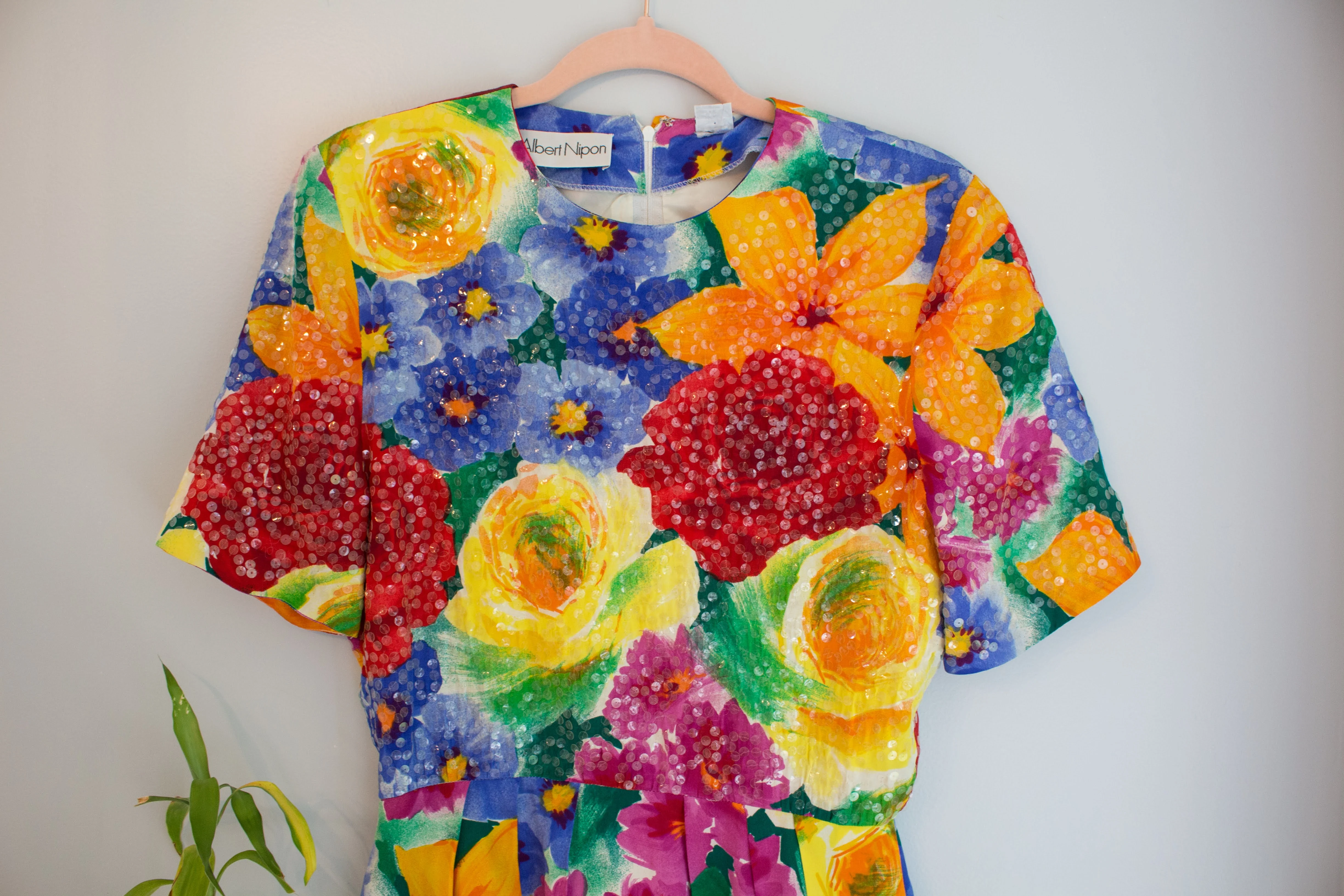 80s/90s Multicolor Floral Silk Dress With Sequins By Albert Nipon - Image 3