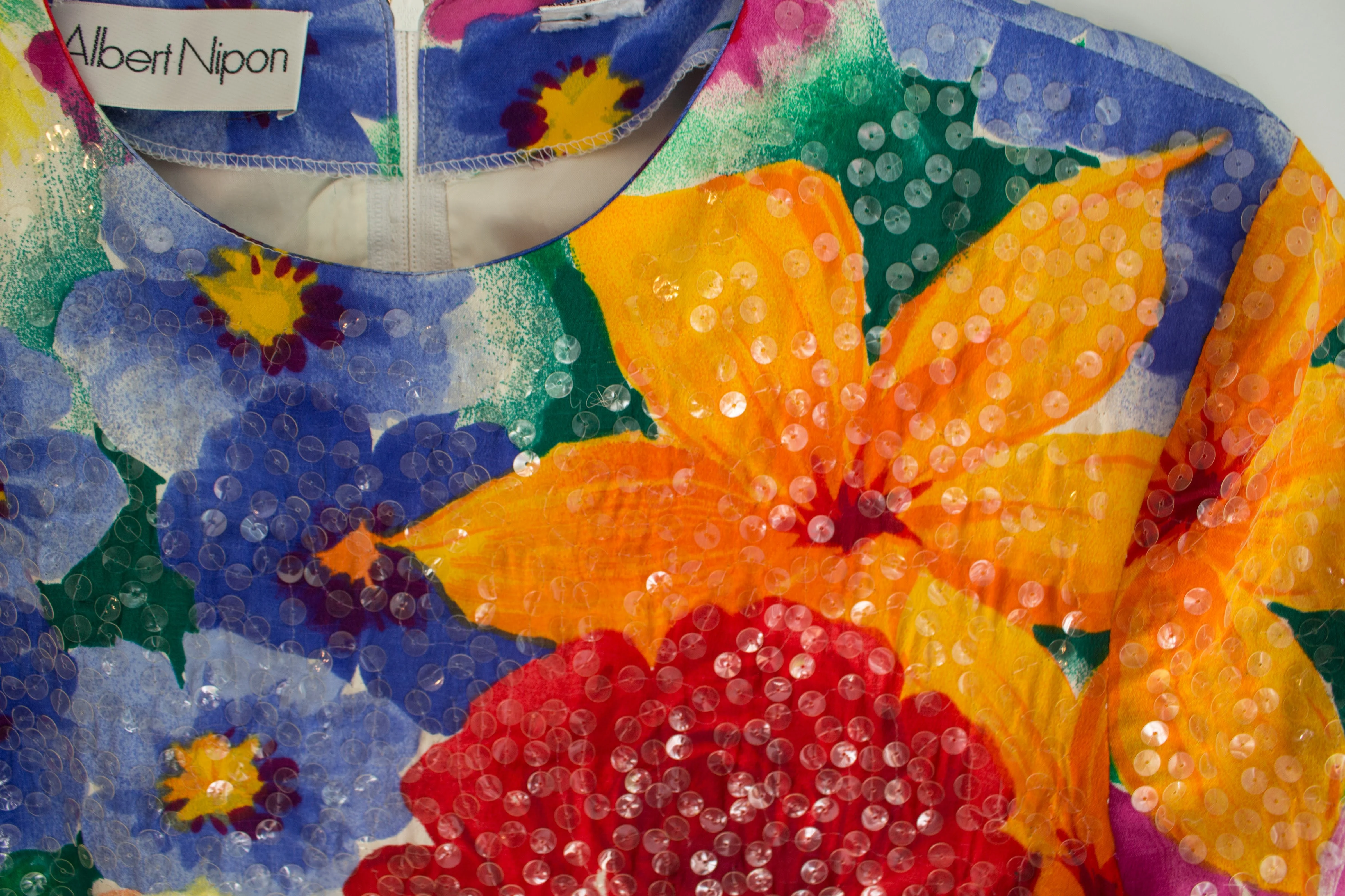 80s/90s Multicolor Floral Silk Dress With Sequins By Albert Nipon - Image 4
