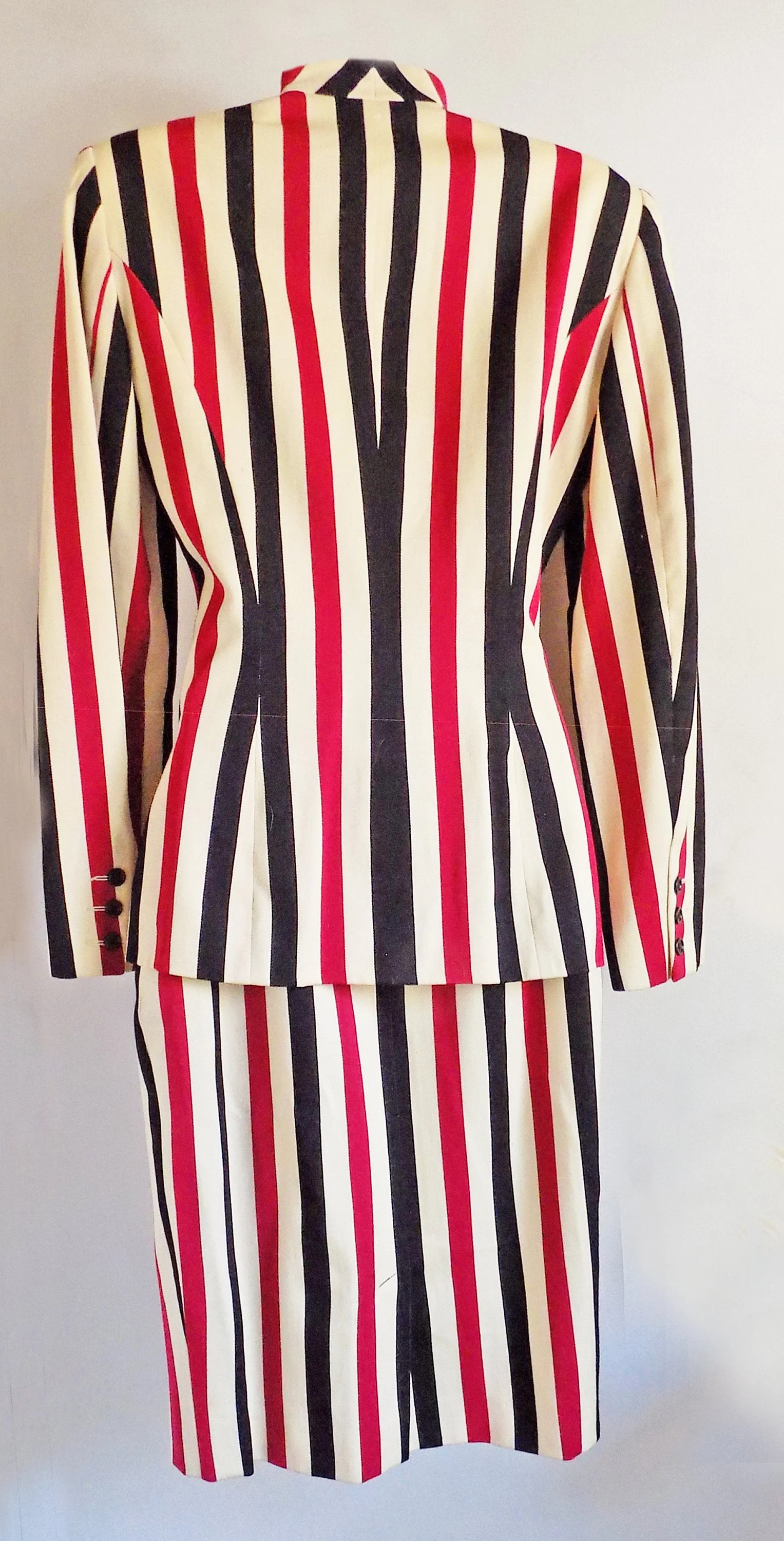 80s 90s Myrene De Premonville Two Piece Skirt and Jacket Suit Made In France Double Breasted Red and Black and Striped Designer by Myrene De Premonville - Image 2
