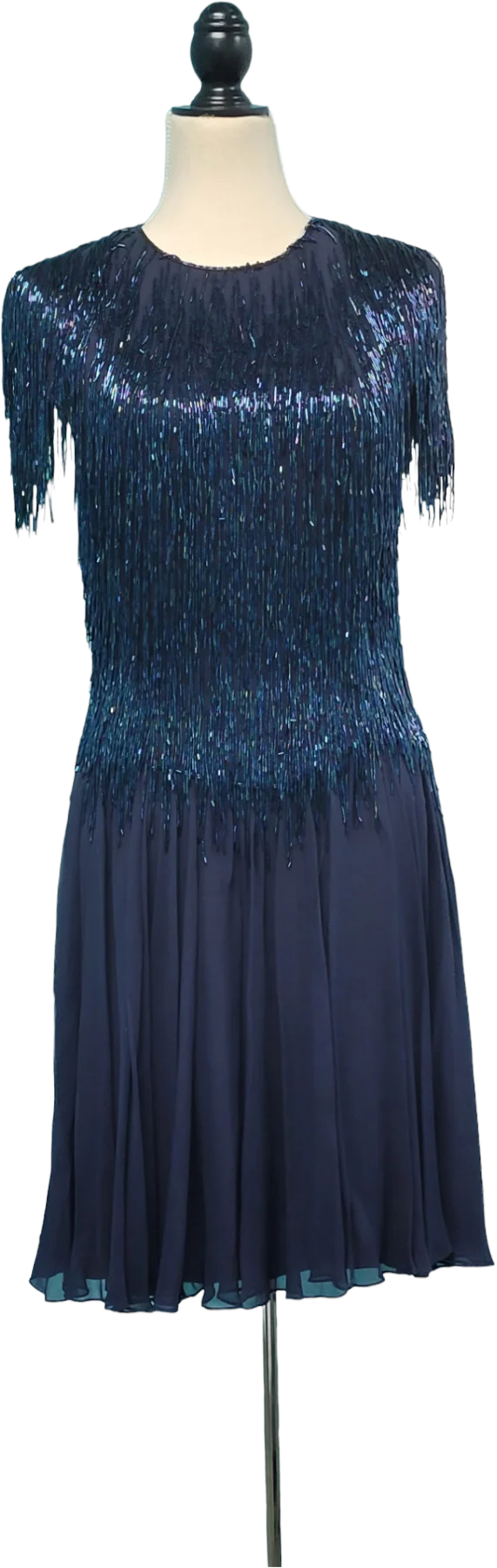 80s/90s Navy Blue Fringed Bugle Bead Cocktail Dress
