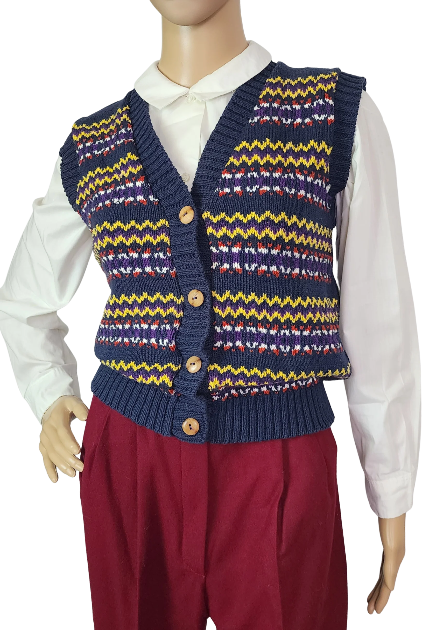 80s/90s Navy Blue Sweater Vest Button Front Yellow Purple By Quail Crossing