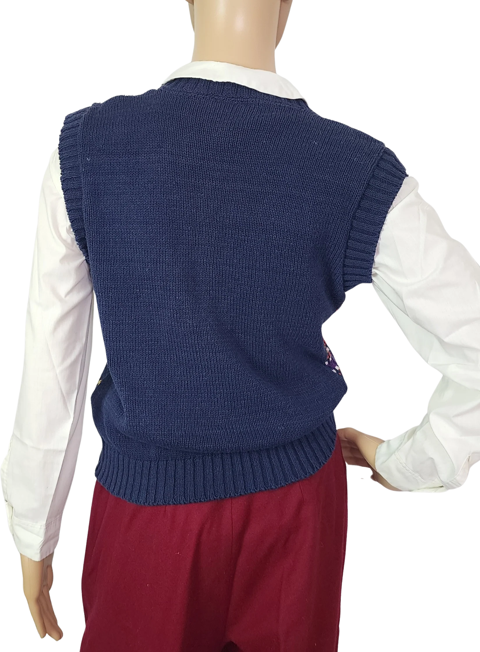 80s/90s Navy Blue Sweater Vest Button Front Yellow Purple By Quail Crossing - Image 2