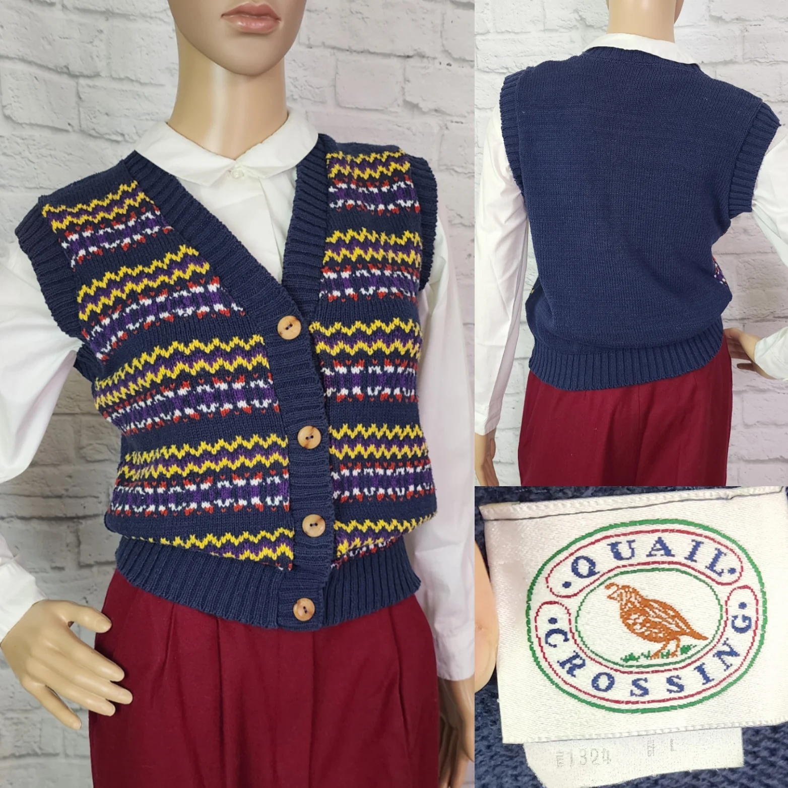 80s/90s Navy Blue Sweater Vest Button Front Yellow Purple By Quail Crossing - Image 3