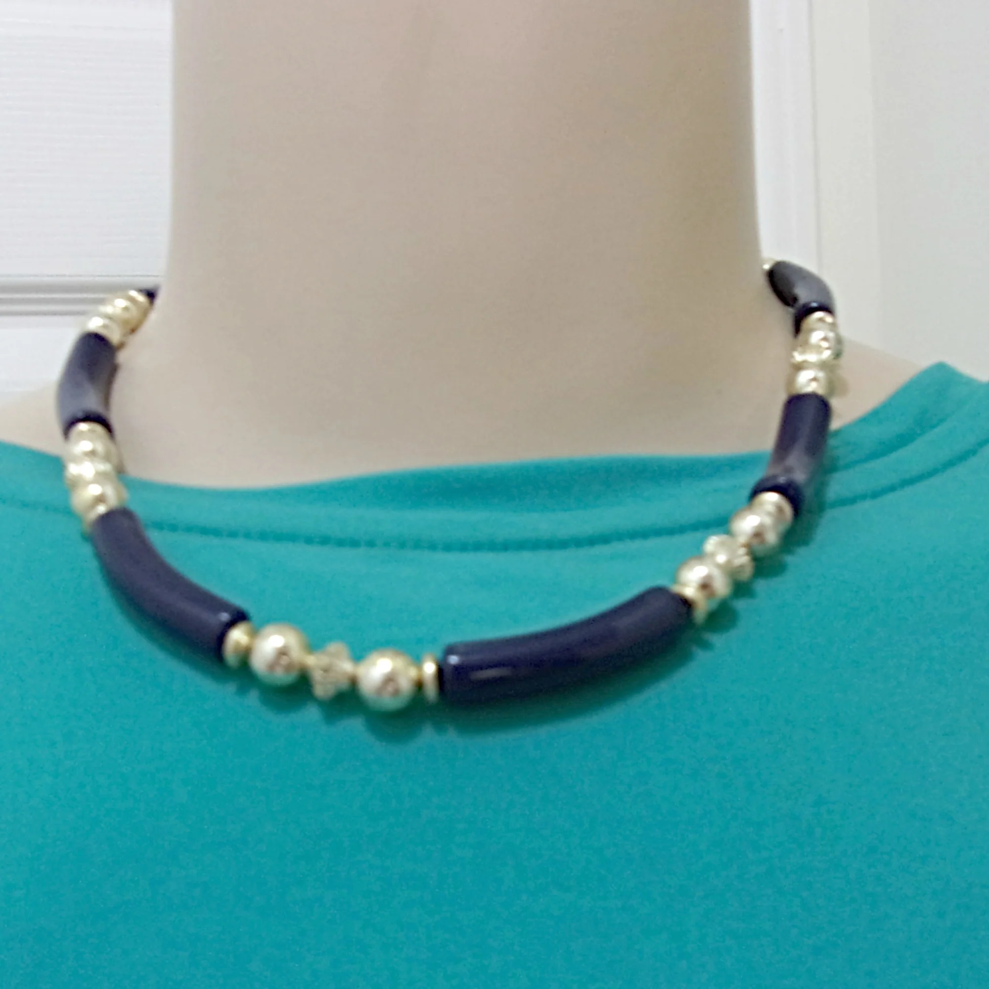 80s/90s Necklace Collar Bent Tubes Navy Goldtone Accents - Image 3