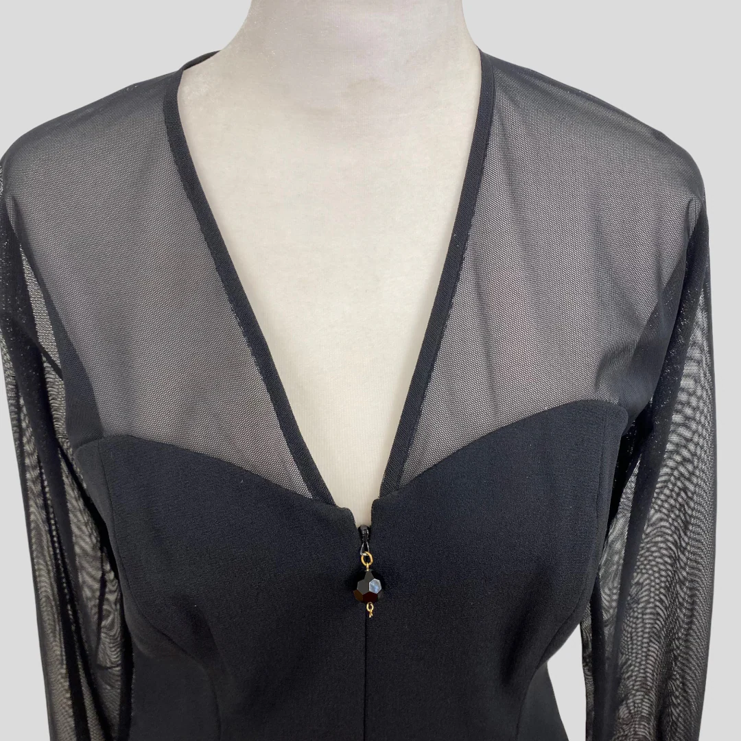 80s/90s Black Mesh Long Sleeve Zip Front Dress by A.j. Bari - Image 3