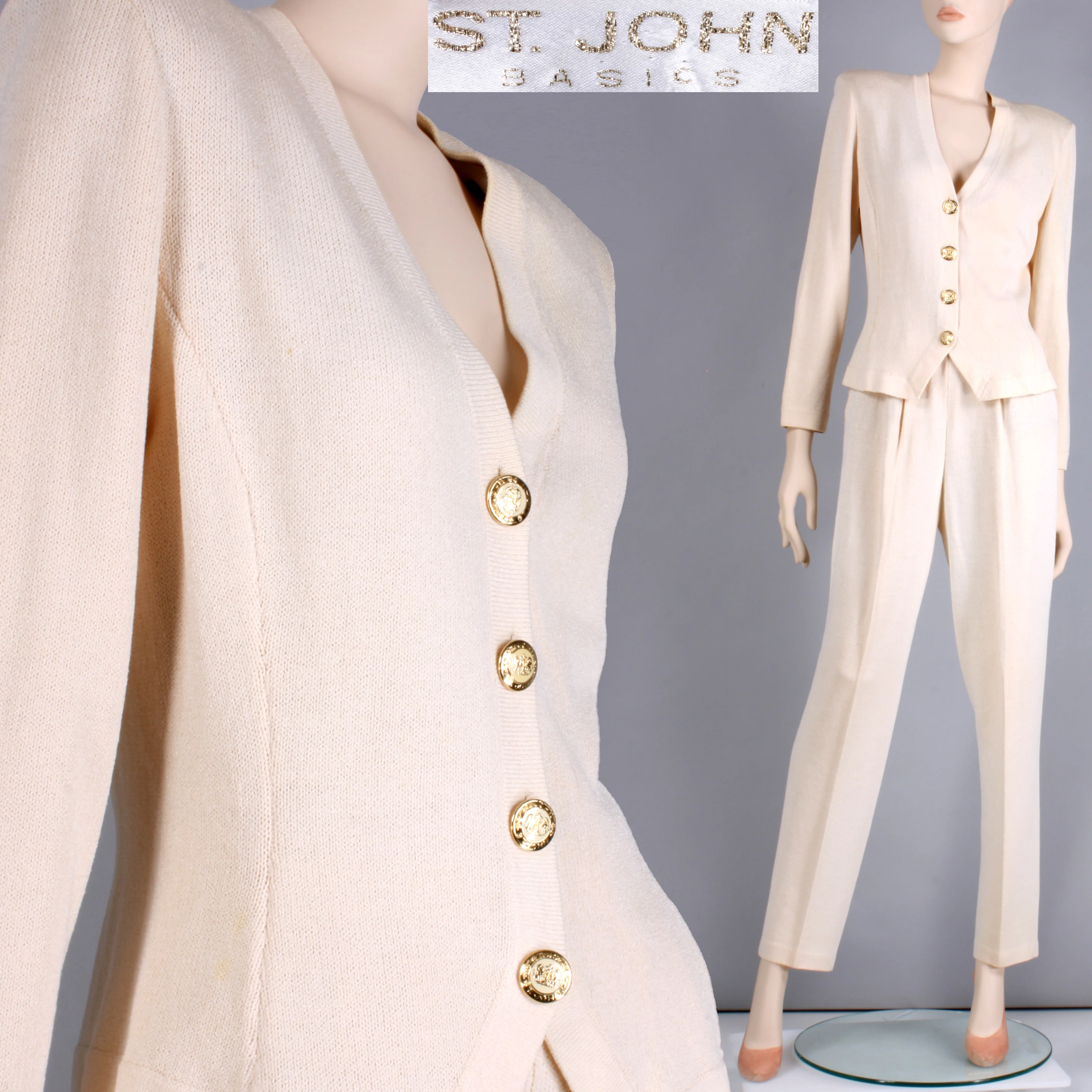 80s/90s Off White Santana Knit Cardigan Top Pant Suit Set By St. John - Image 3
