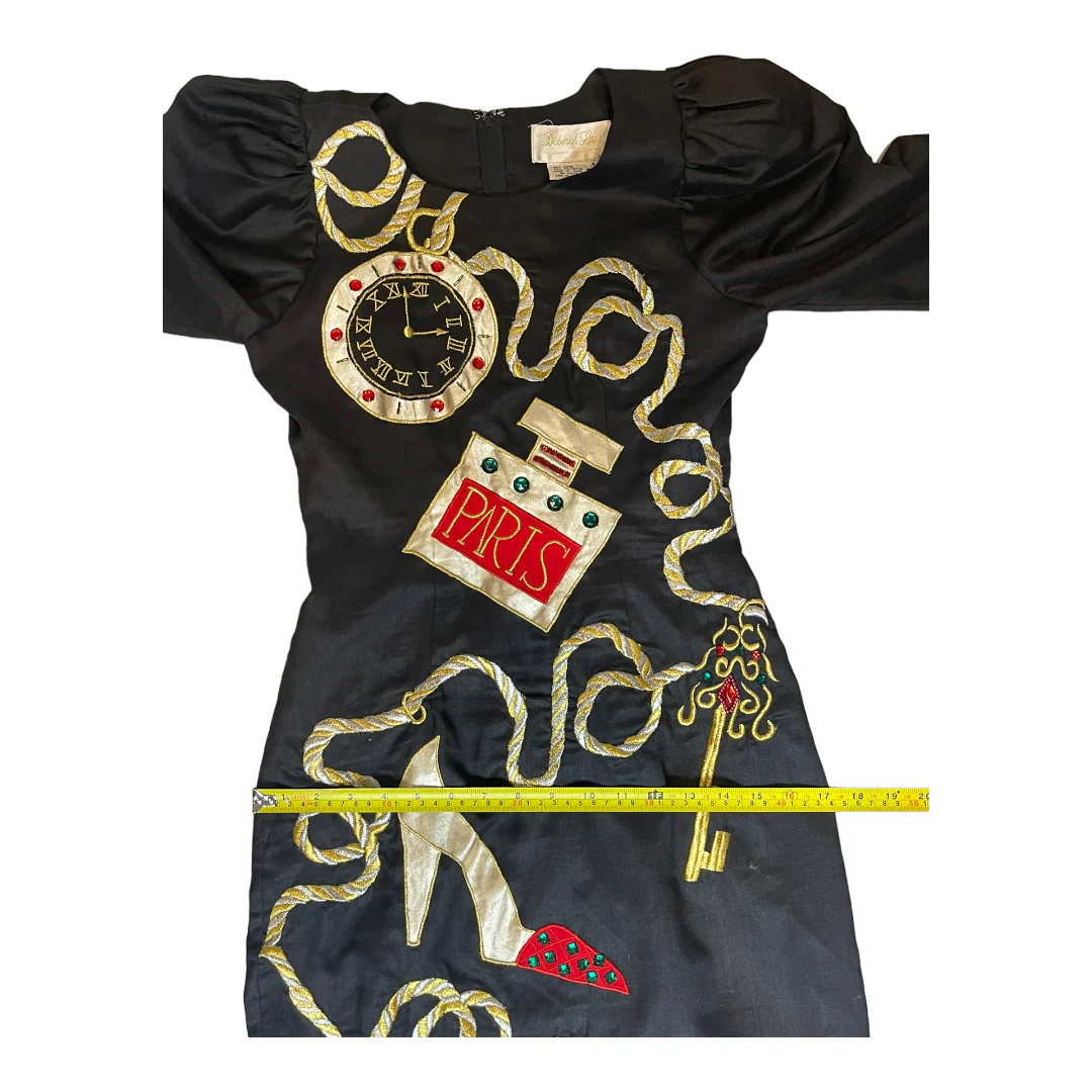 80s/90s Party Novelty Paris Rhinestone Puff Sleeve Dress By Deborah Laws - Image 10