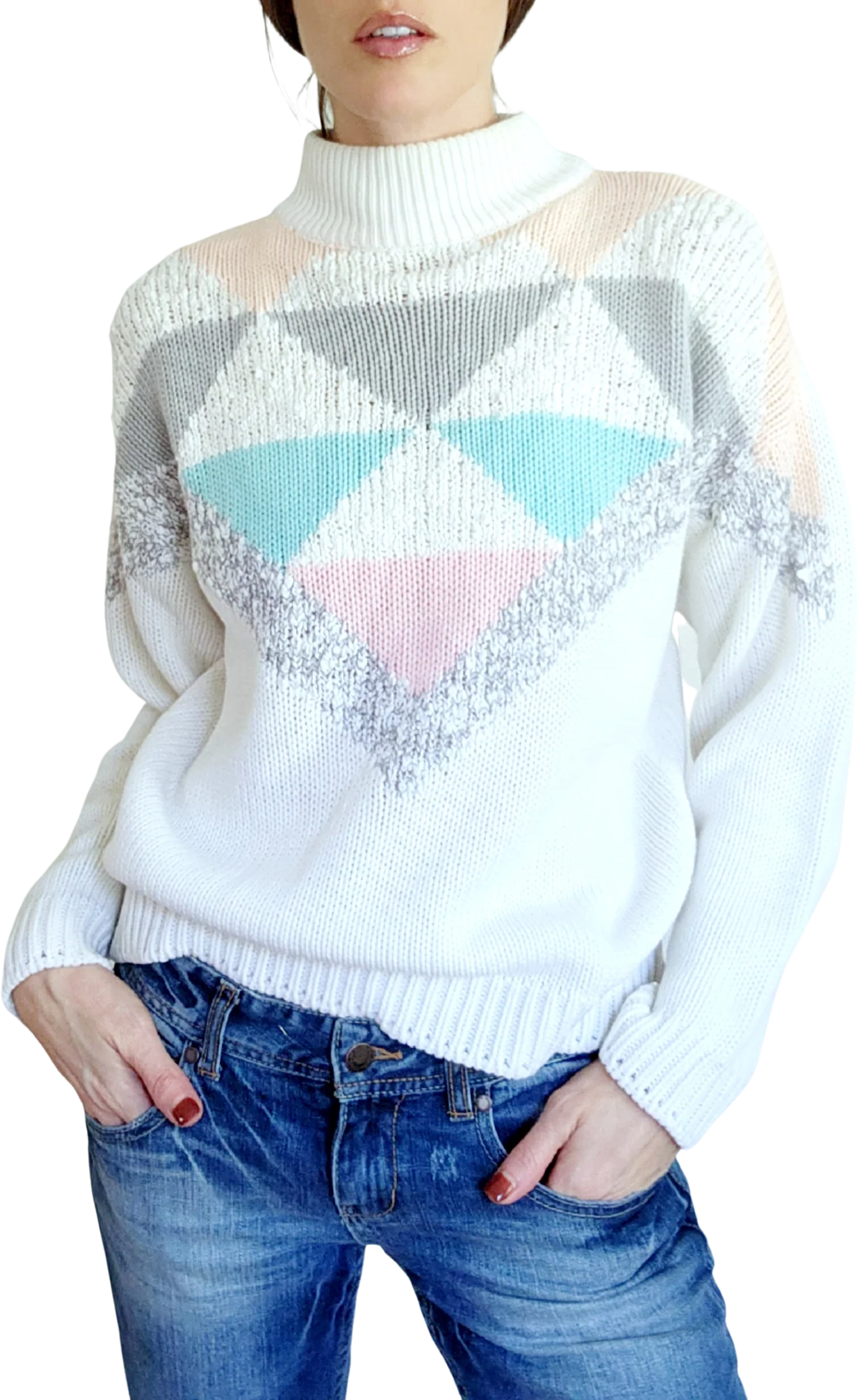 80s/90s Pastel Geometric Mock Neck Knit Pullover Sweater By Spice of Life