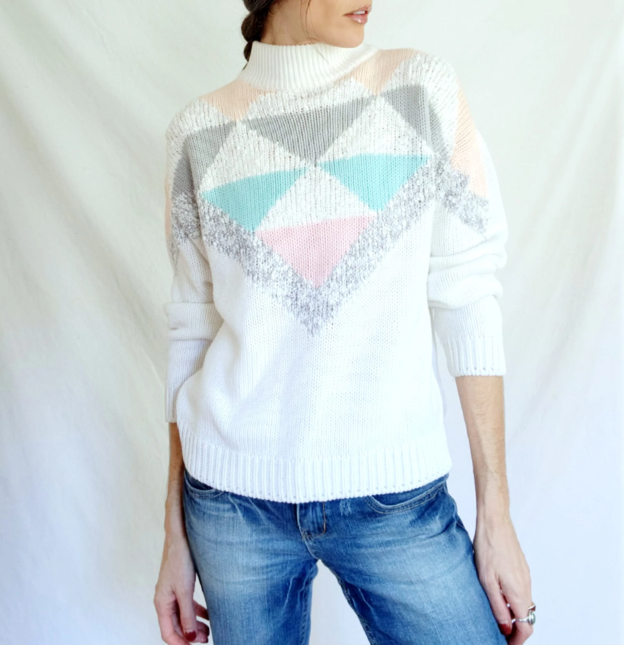 80s/90s Pastel Geometric Mock Neck Knit Pullover Sweater By Spice of Life - Image 3