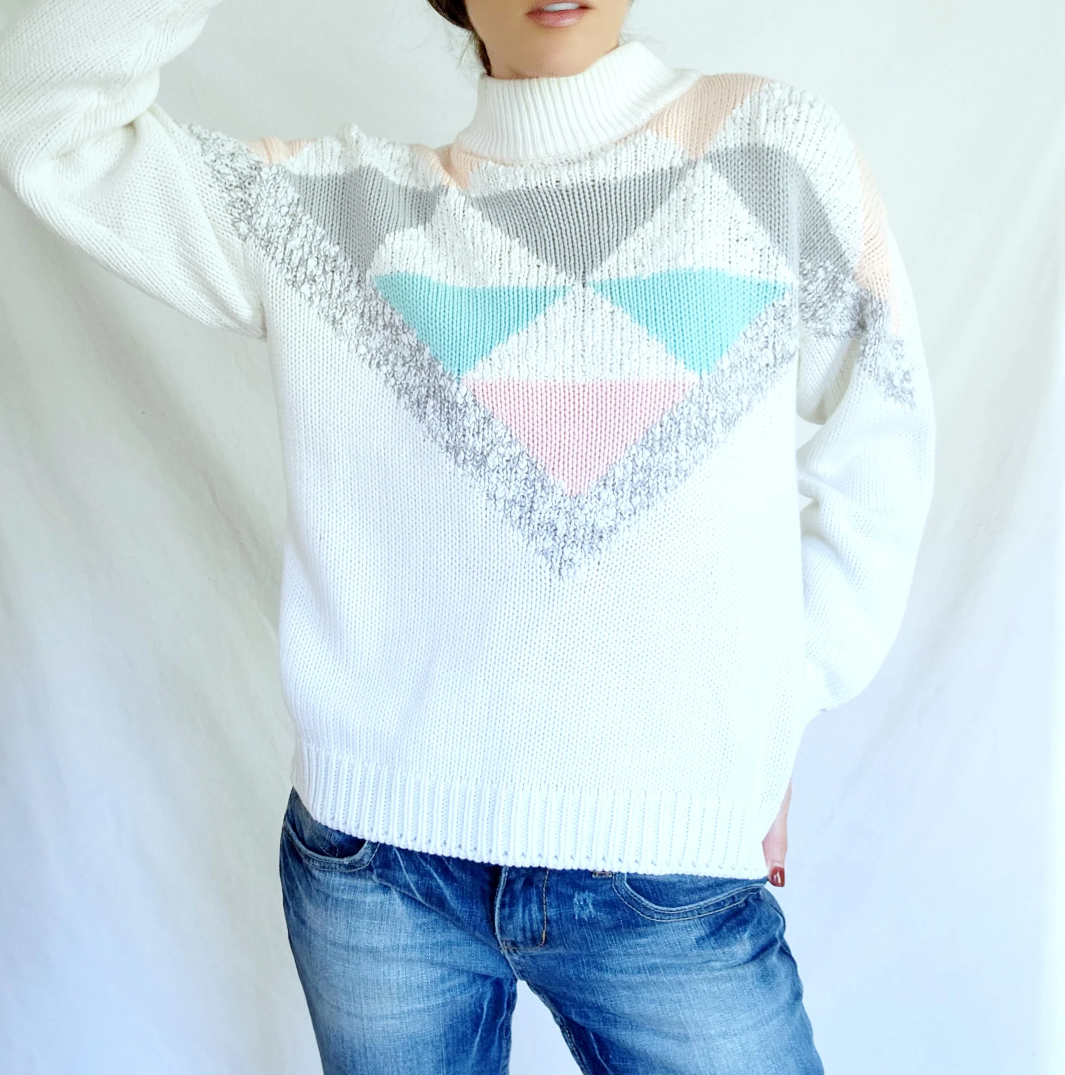 80s/90s Pastel Geometric Mock Neck Knit Pullover Sweater By Spice of Life - Image 5