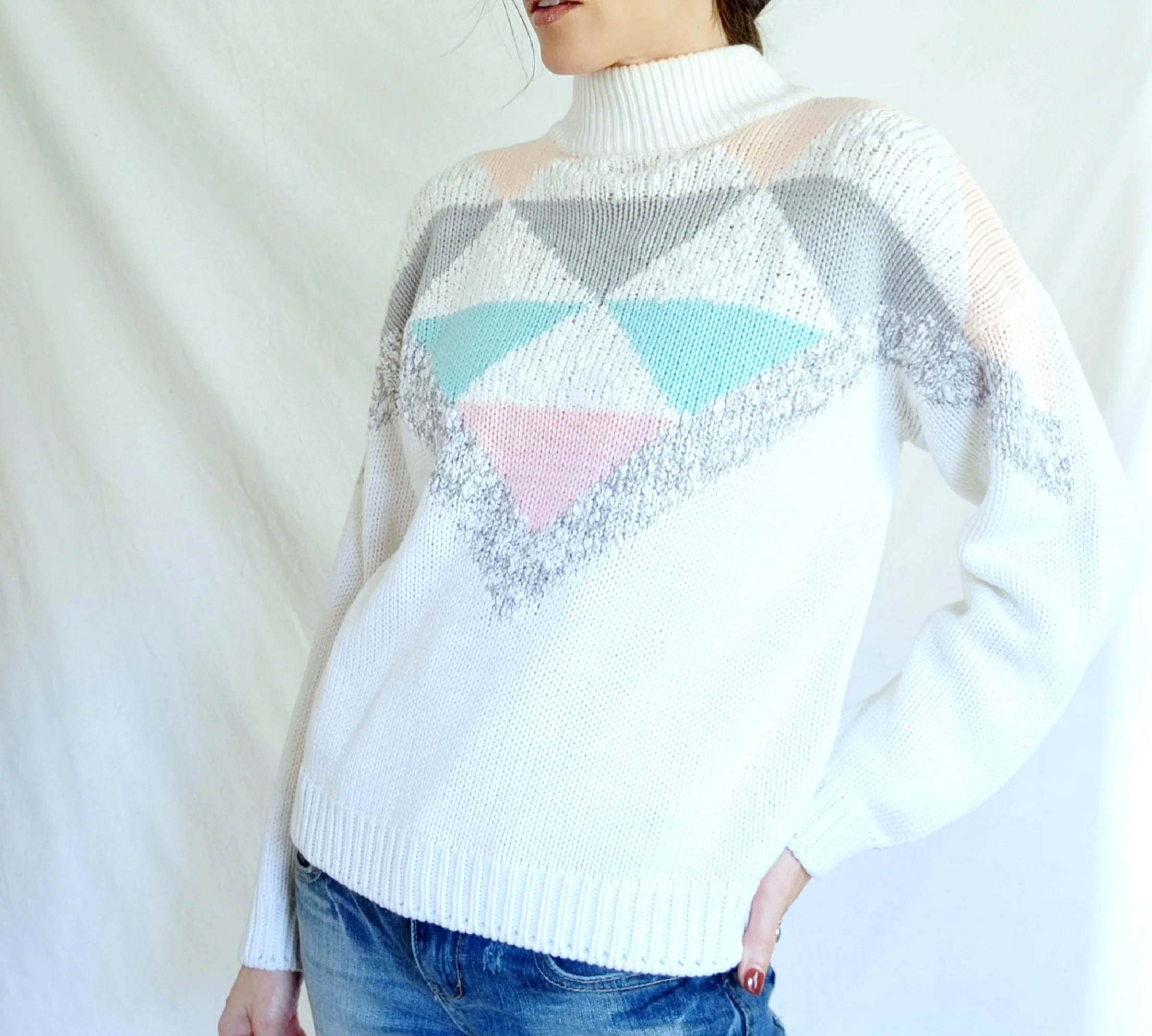 80s/90s Pastel Geometric Mock Neck Knit Pullover Sweater By Spice of Life - Image 8