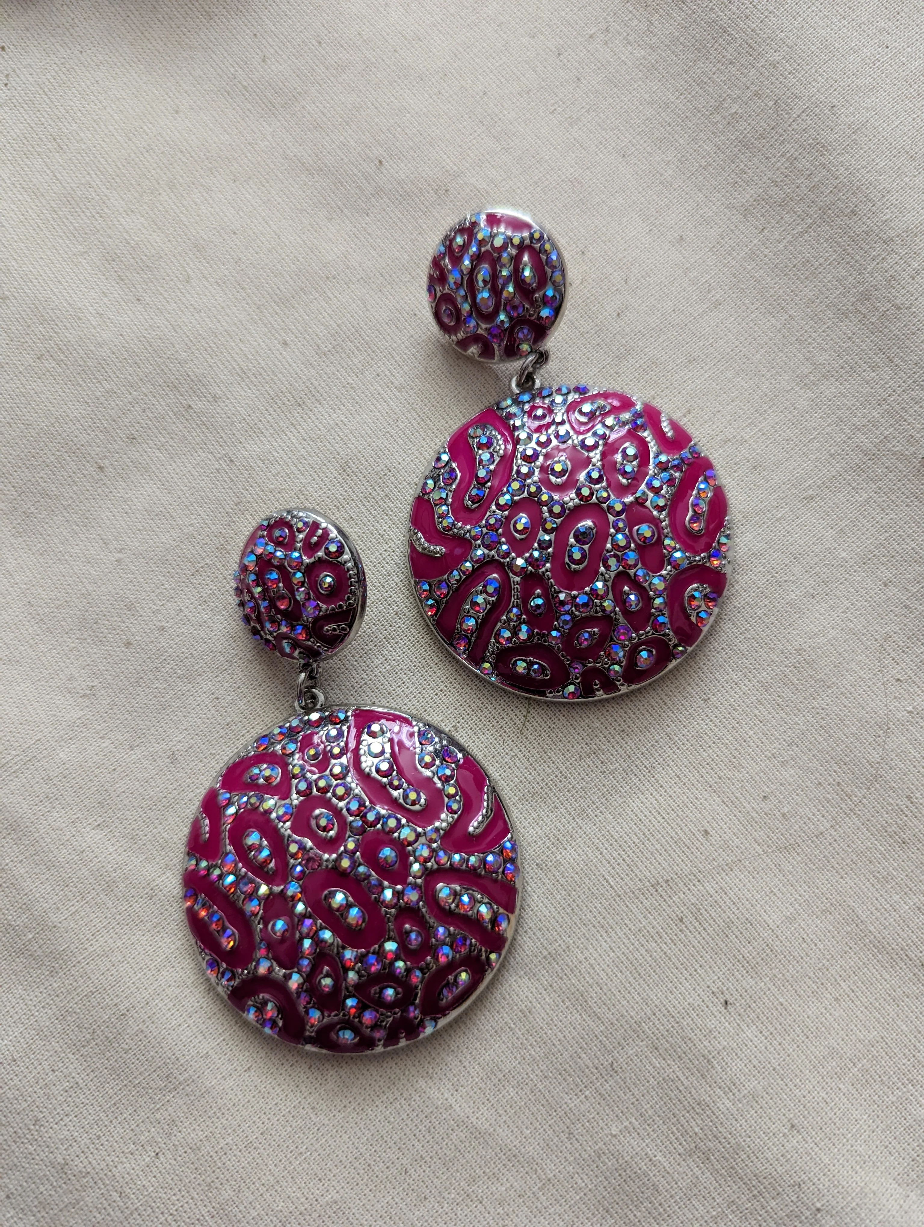 80s/90s Pink Animal Print With Rhinestones Earrings - Image 3