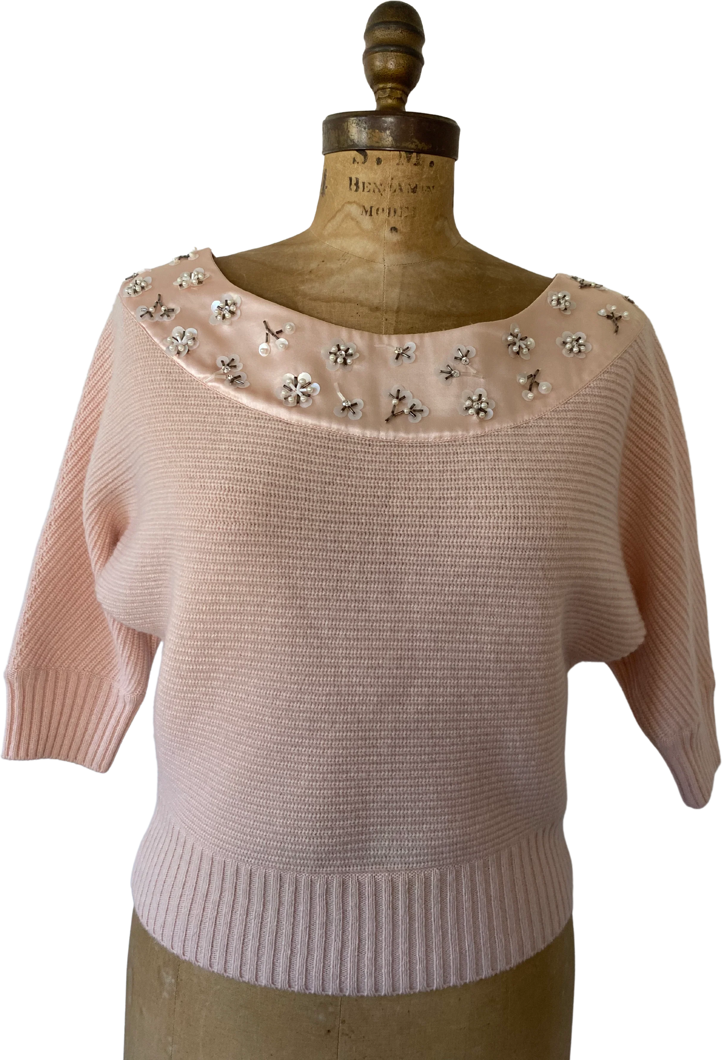 80s/90s Pink Cashmere Hand Beaded Sweater By Christian Dior