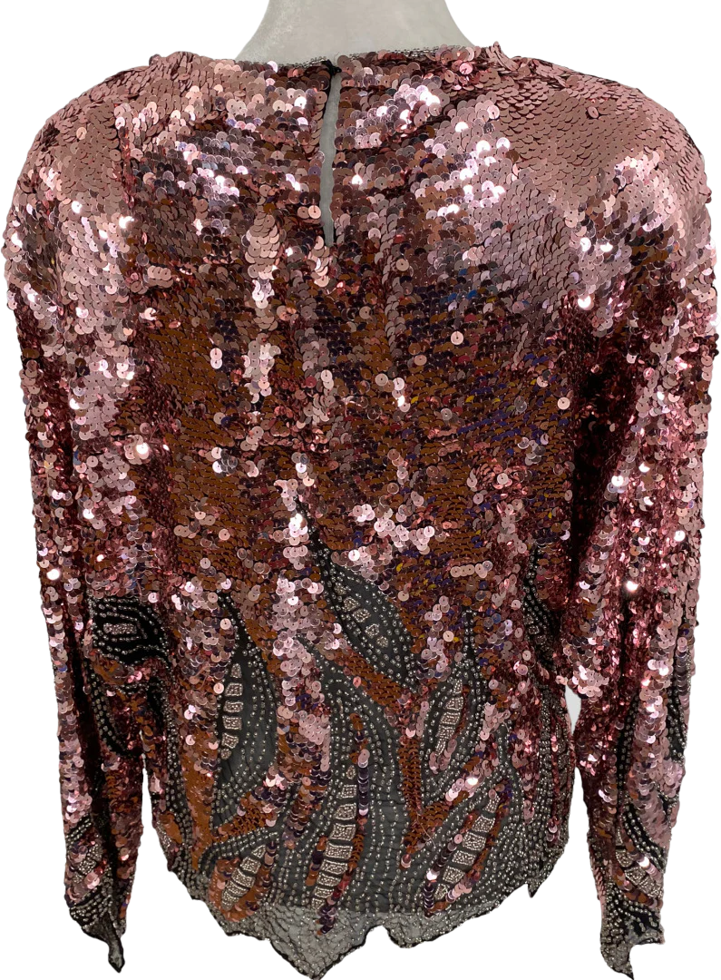 80s/90s Pink Sequin Black Semi Sheer Abstract Hem Blouse By Oleg Cassini - Image 2