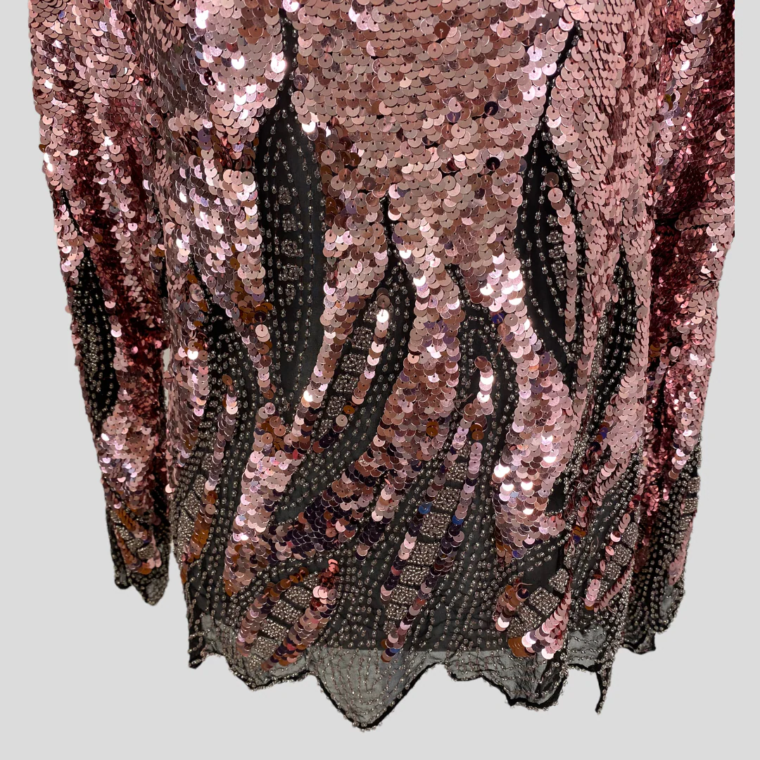 80s/90s Pink Sequin Black Semi Sheer Abstract Hem Blouse By Oleg Cassini - Image 3