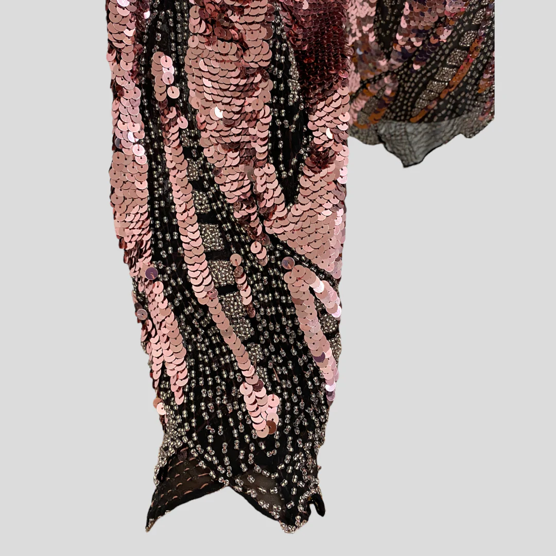 80s/90s Pink Sequin Black Semi Sheer Abstract Hem Blouse By Oleg Cassini - Image 4