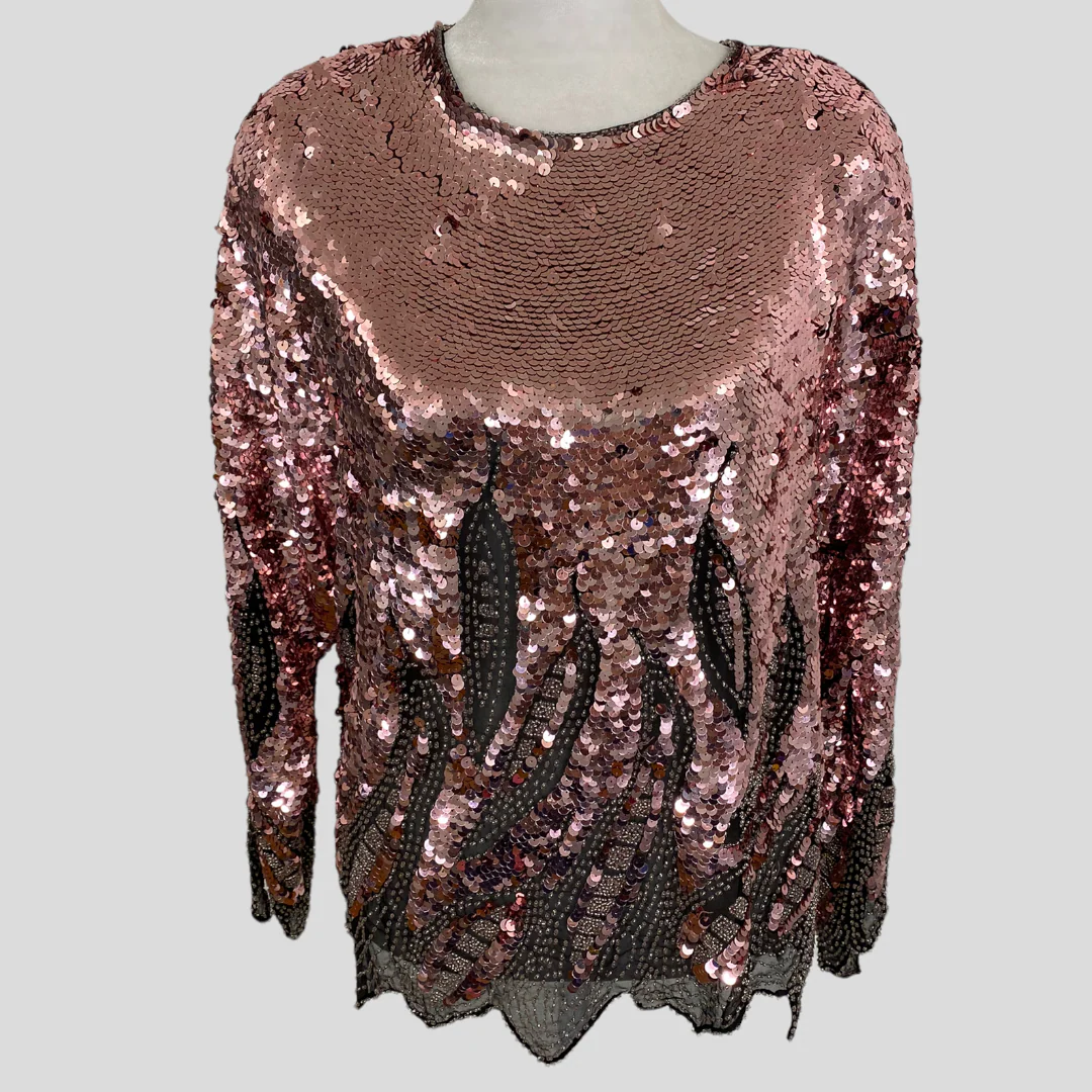 80s/90s Pink Sequin Black Semi Sheer Abstract Hem Blouse By Oleg Cassini - Image 6