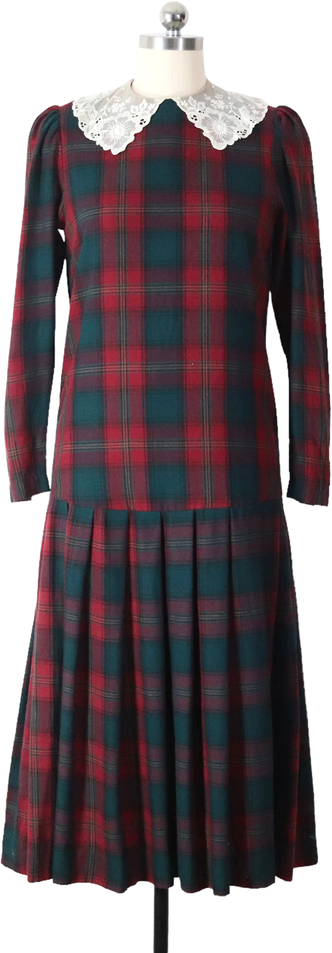 80s/90s Plaid Flannel Lace Collar Drop Waist Dress Holiday By Laura Ashley