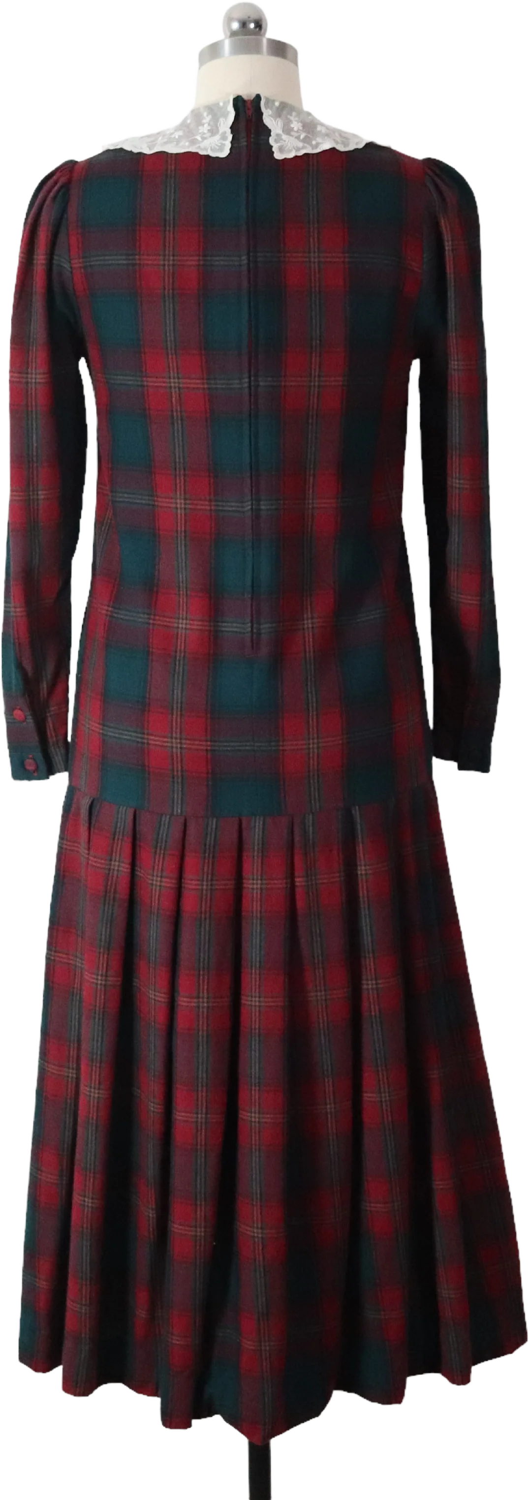 80s/90s Plaid Flannel Lace Collar Drop Waist Dress Holiday By Laura Ashley - Image 2