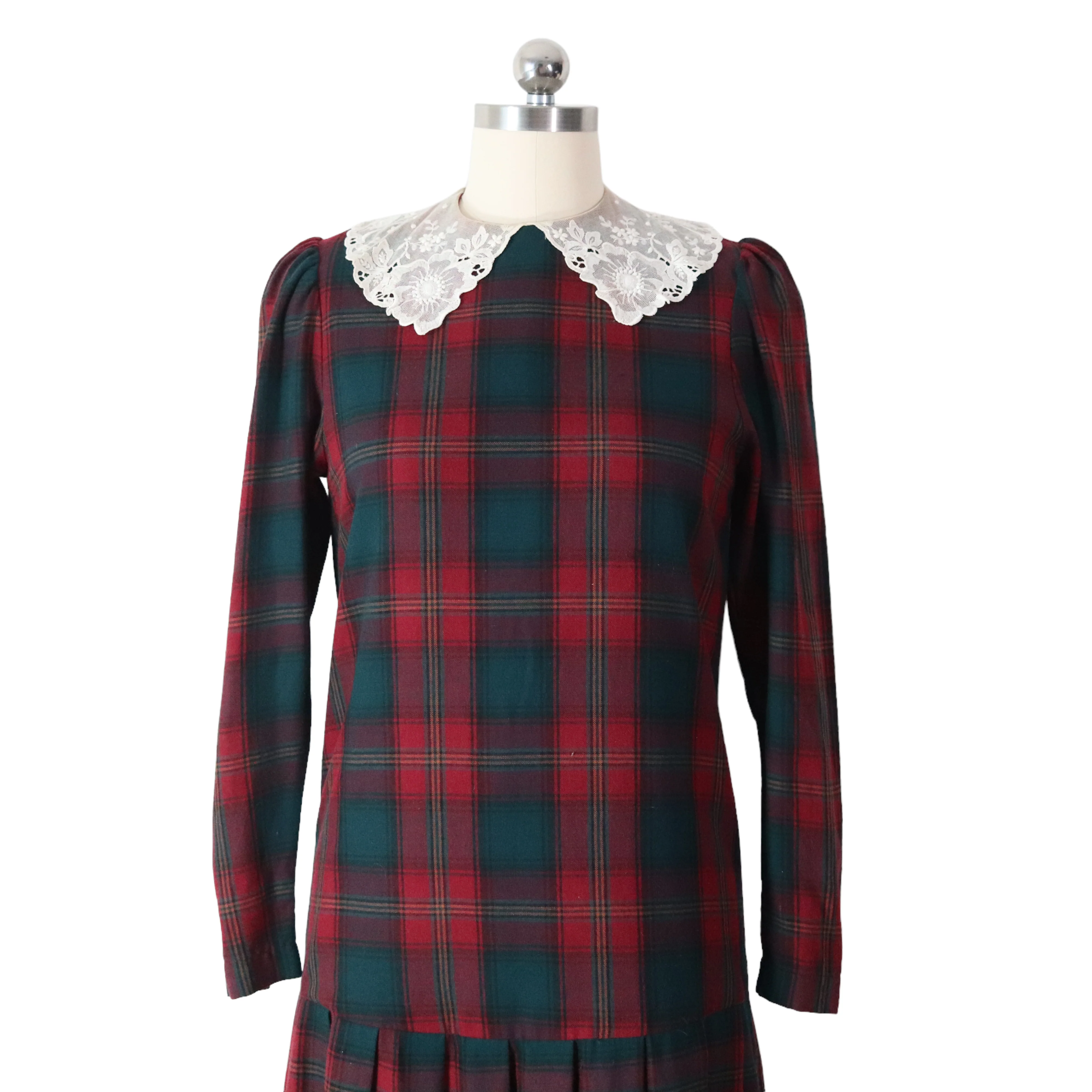 80s/90s Plaid Flannel Lace Collar Drop Waist Dress Holiday By Laura Ashley - Image 3