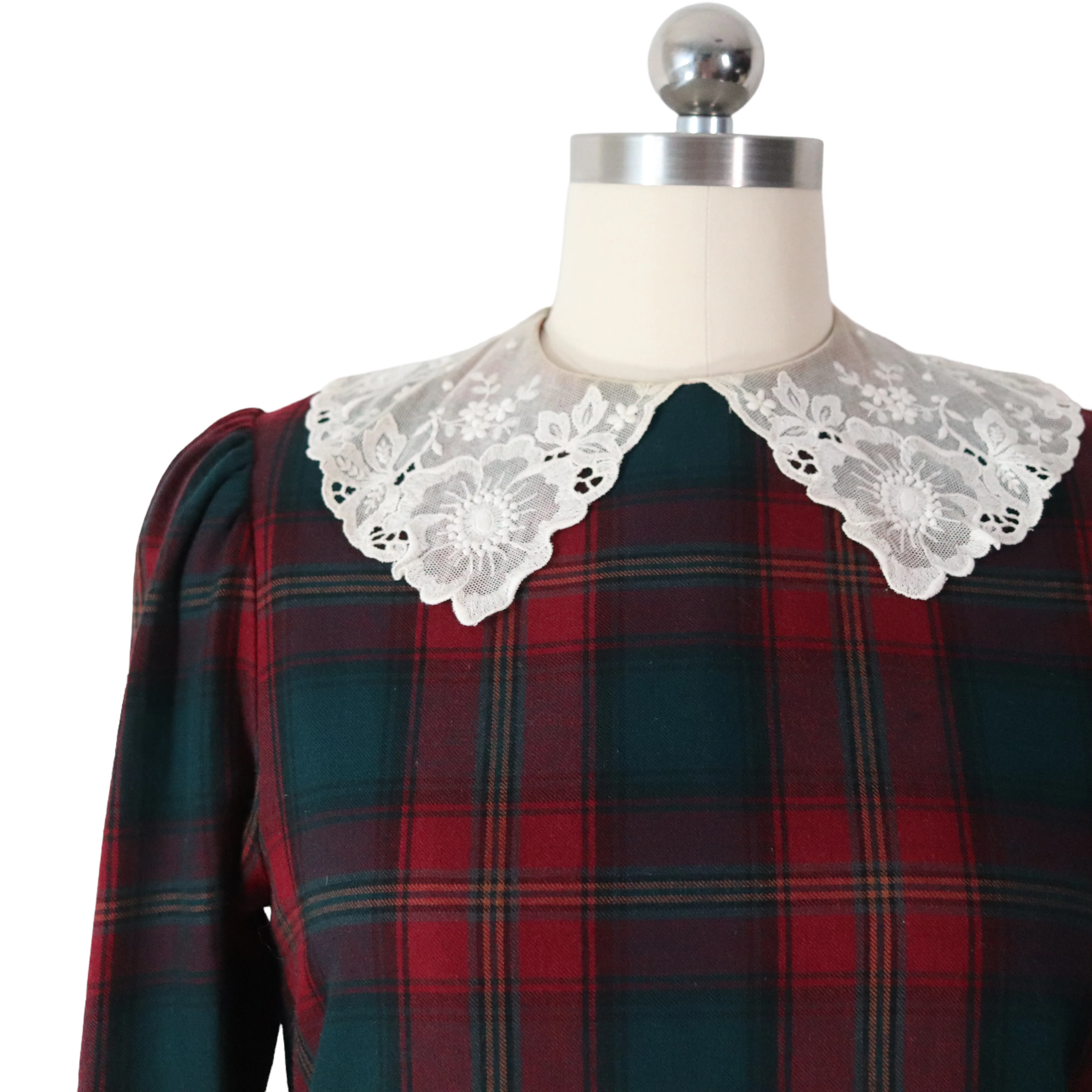 80s/90s Plaid Flannel Lace Collar Drop Waist Dress Holiday By Laura Ashley - Image 4