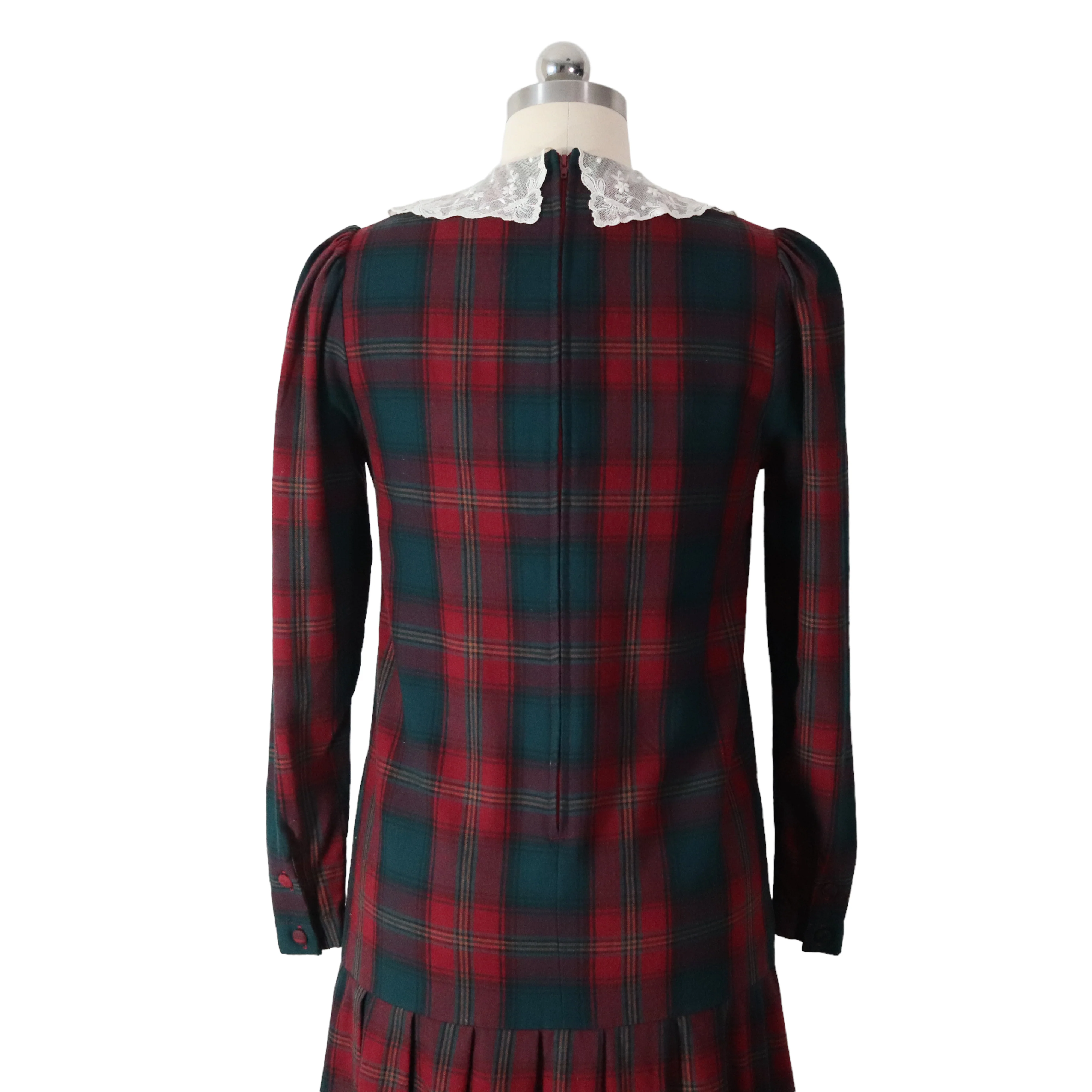 80s/90s Plaid Flannel Lace Collar Drop Waist Dress Holiday By Laura Ashley - Image 5