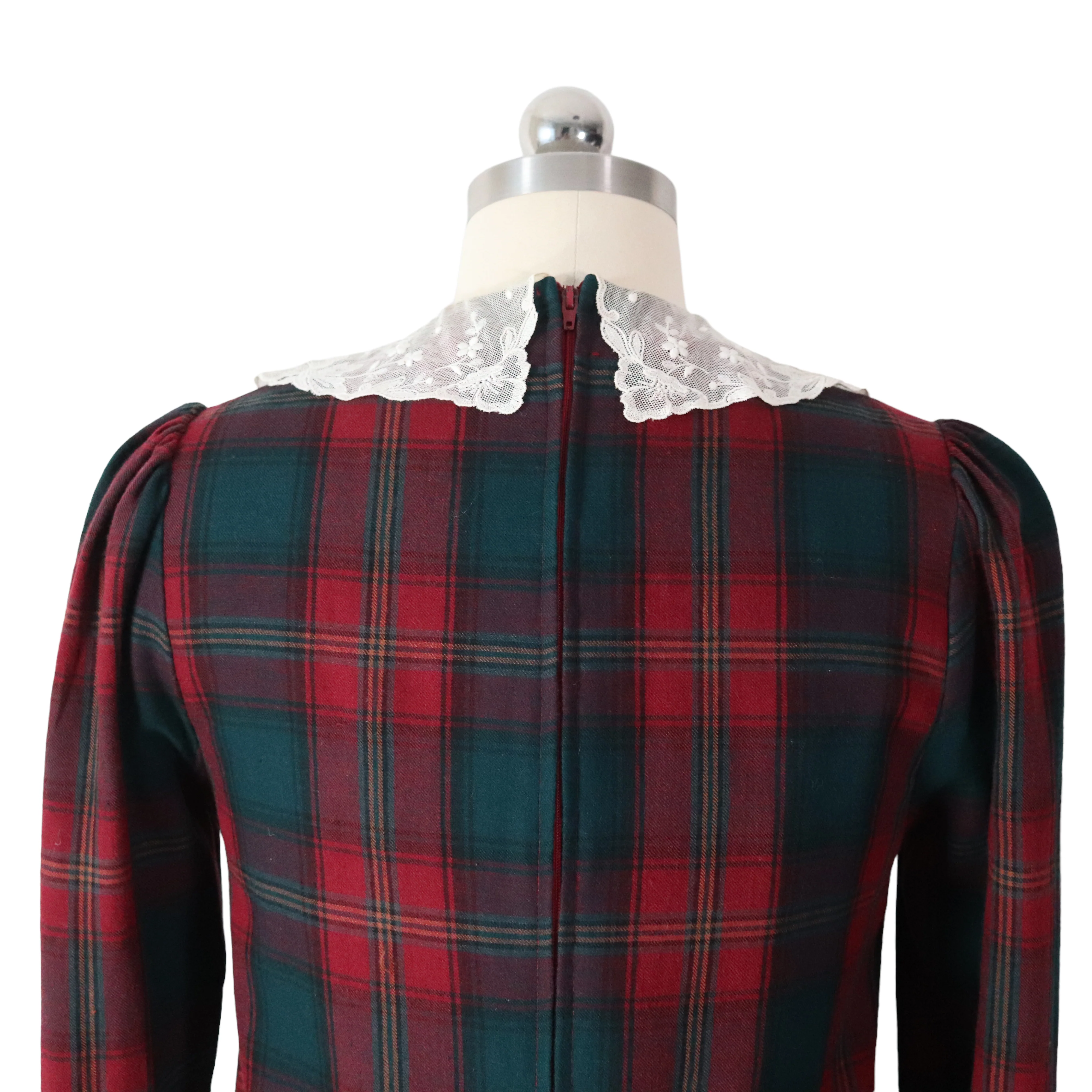 80s/90s Plaid Flannel Lace Collar Drop Waist Dress Holiday By Laura Ashley - Image 6