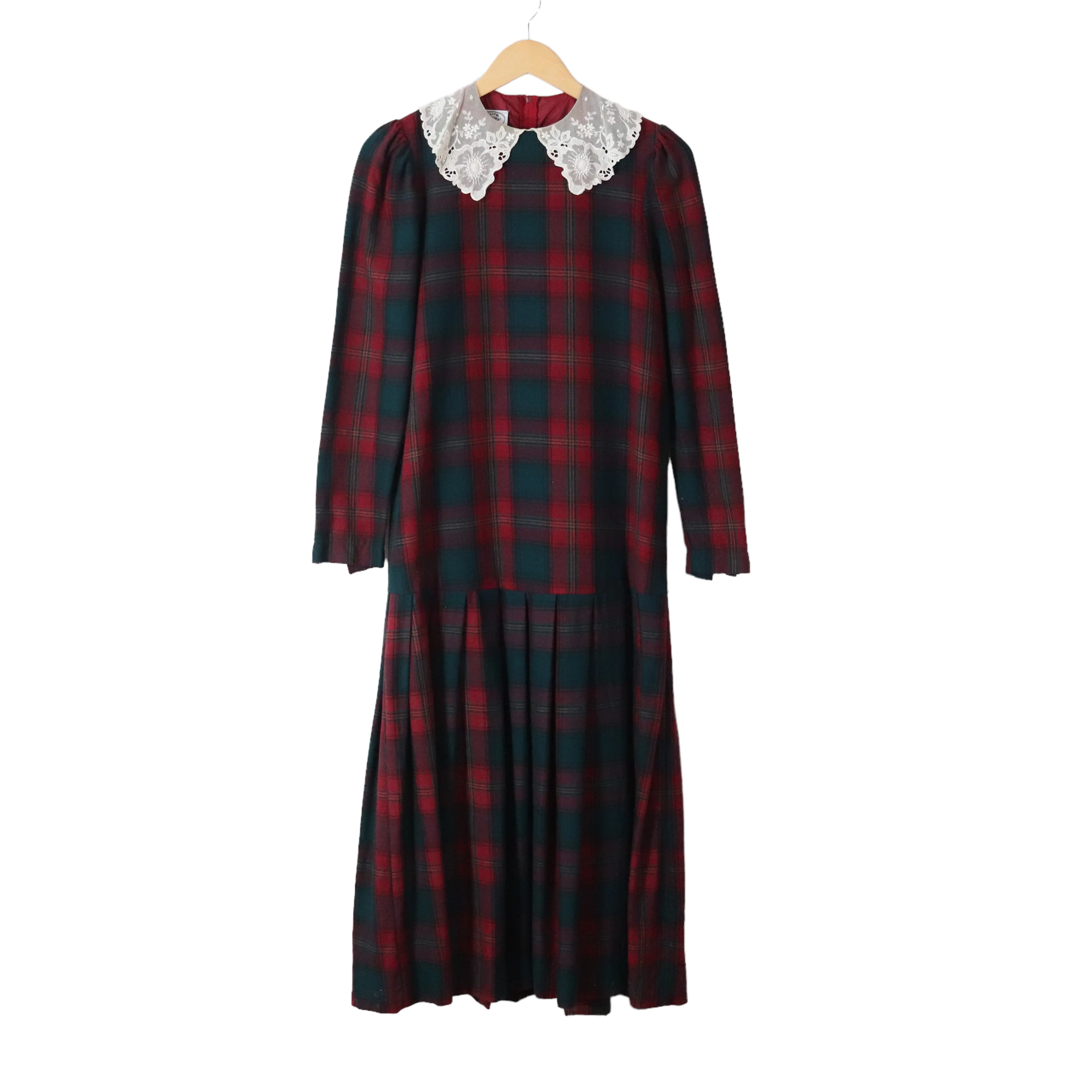 80s/90s Plaid Flannel Lace Collar Drop Waist Dress Holiday By Laura Ashley - Image 7