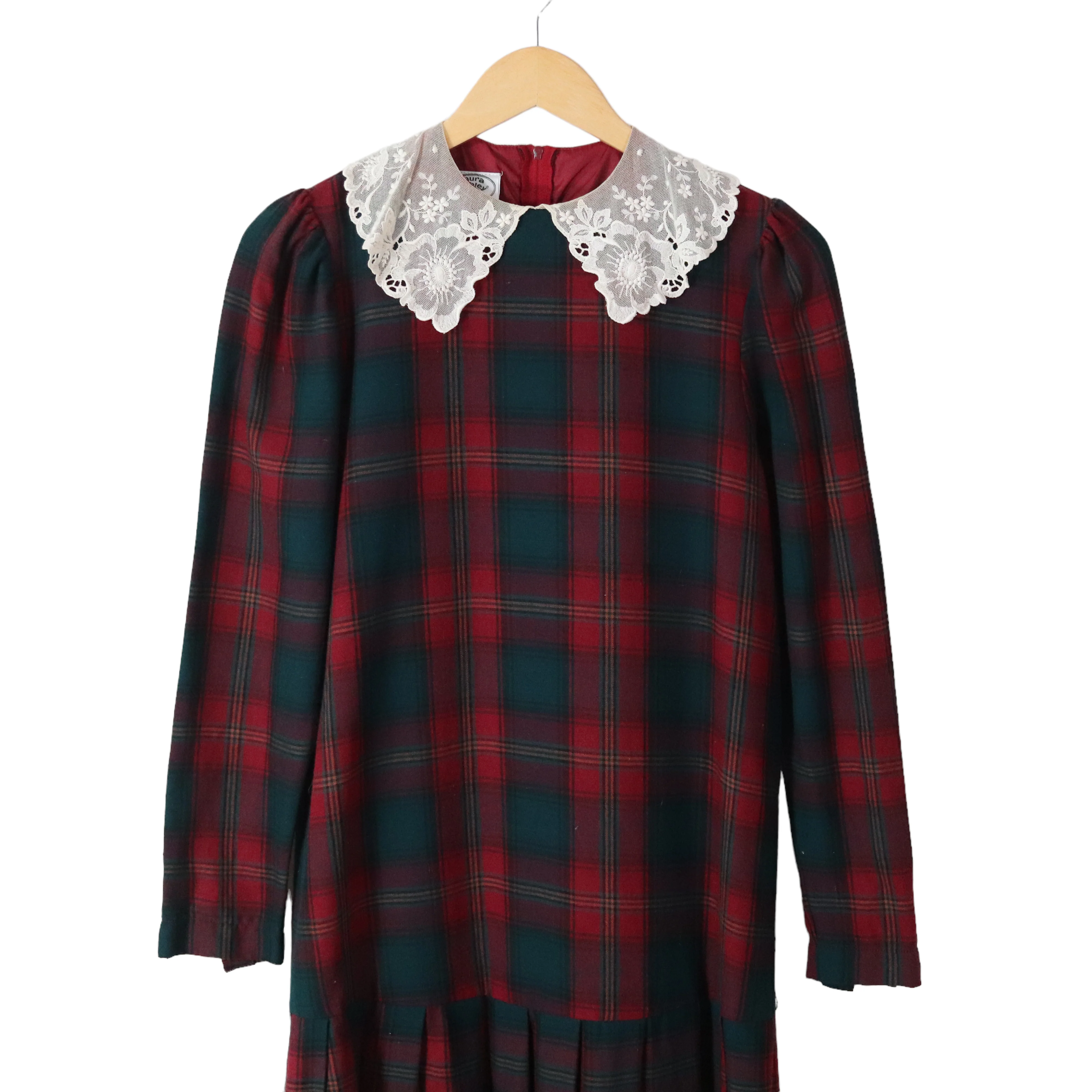 80s/90s Plaid Flannel Lace Collar Drop Waist Dress Holiday By Laura Ashley - Image 8