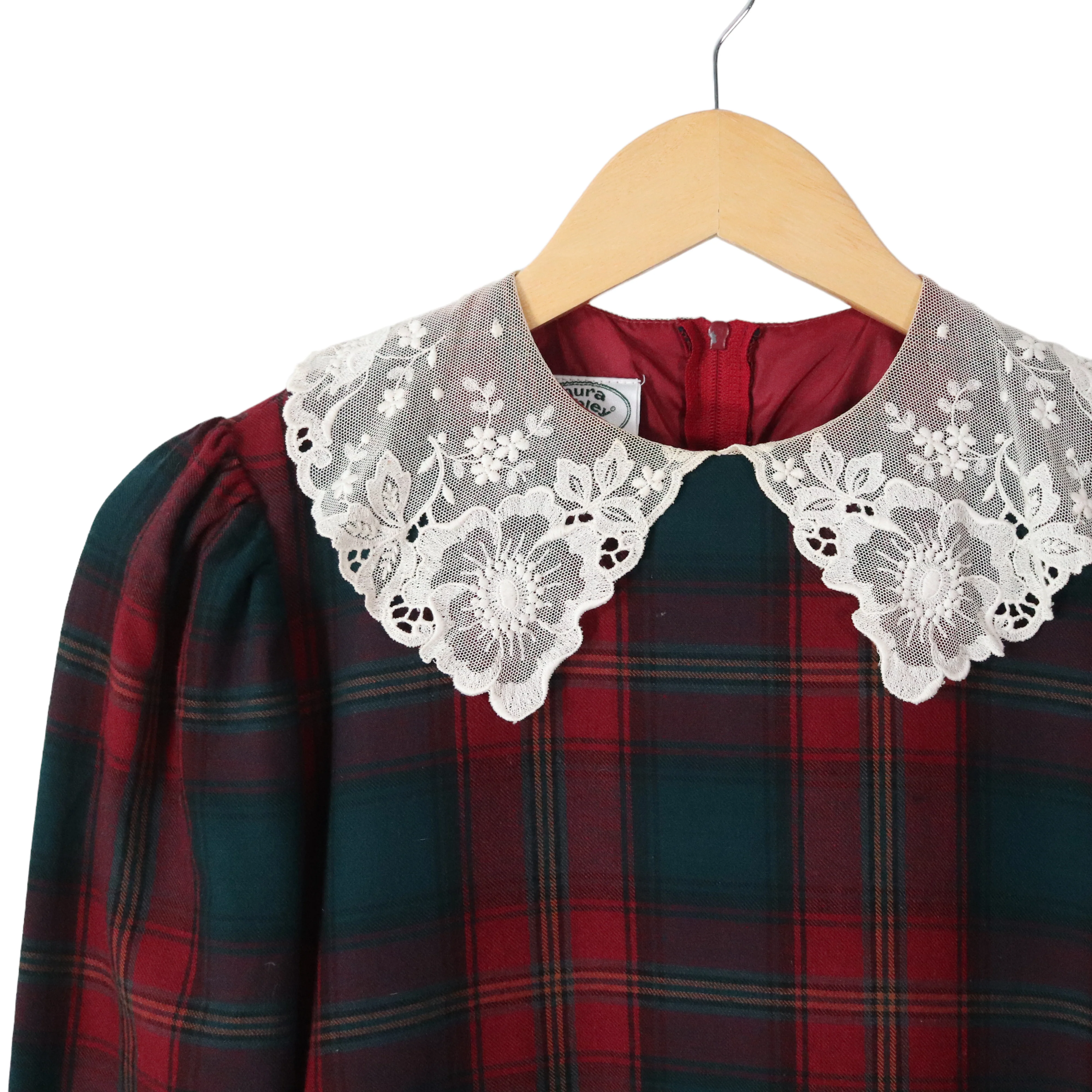 80s/90s Plaid Flannel Lace Collar Drop Waist Dress Holiday By Laura Ashley - Image 9