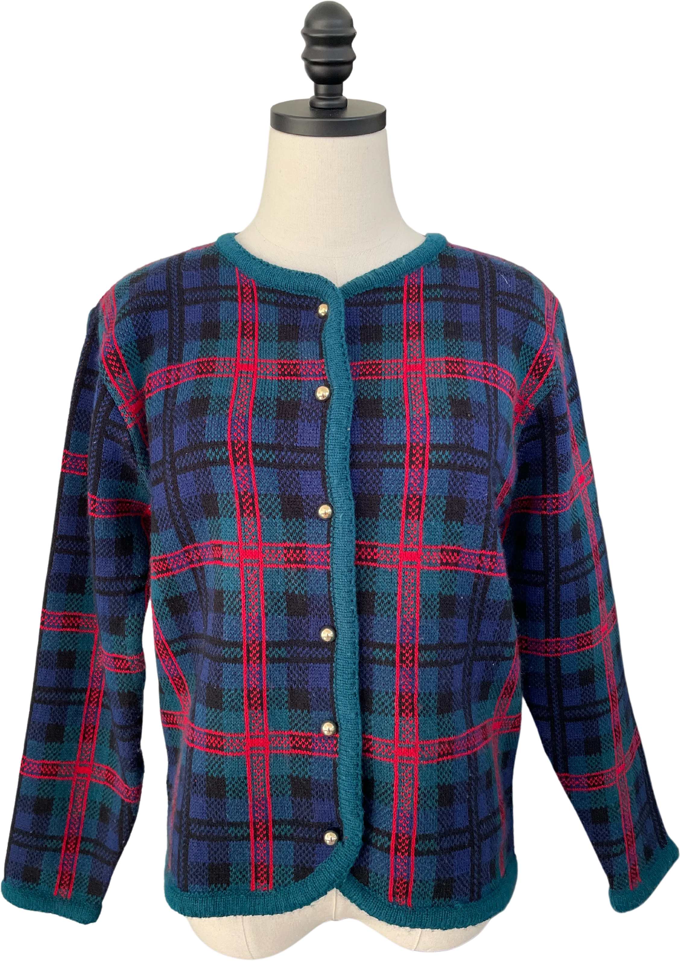 80s/90s Plaid Holiday Cardigan With Gold Buttons By Crystal
