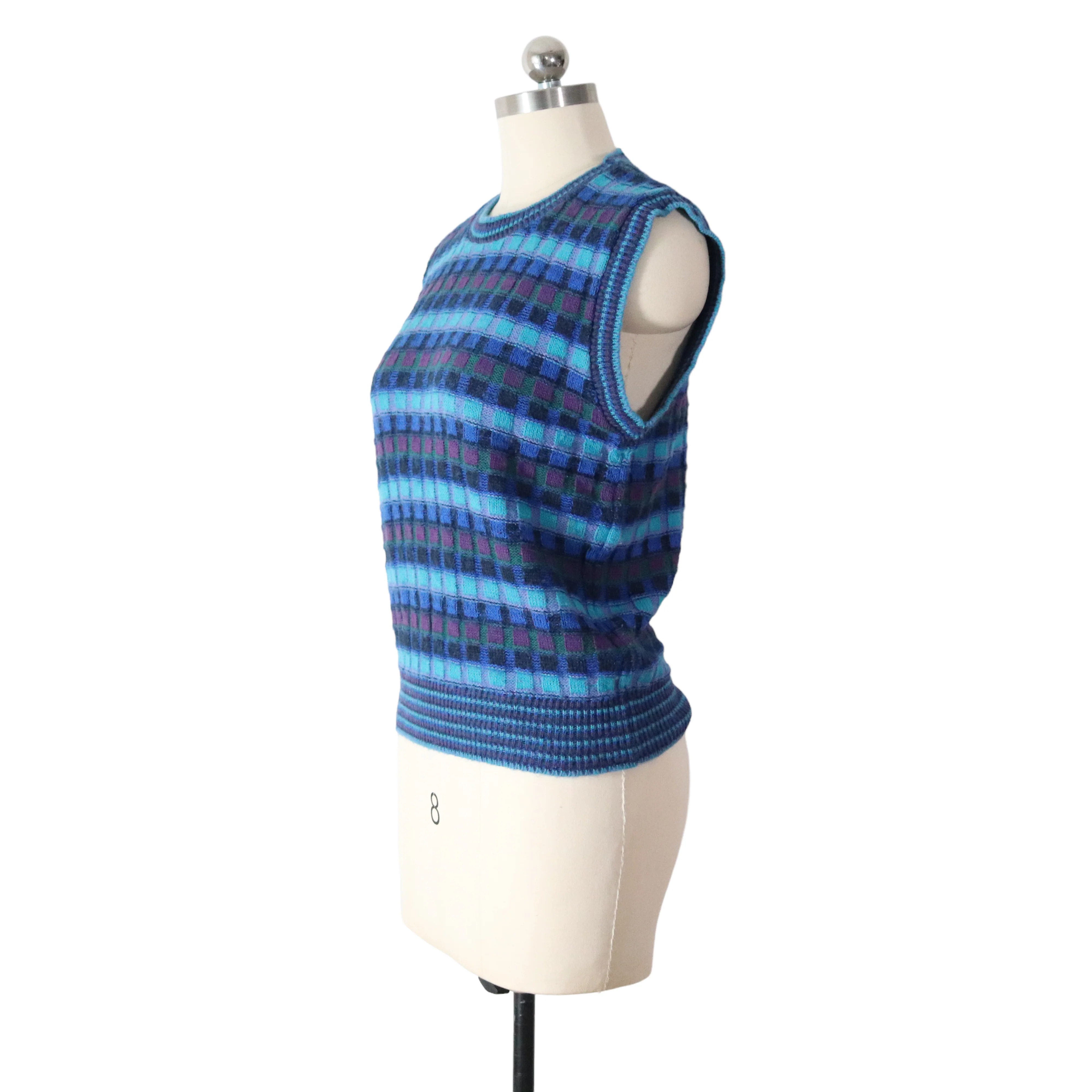 80s/90s Plaid Stripe Texture Knit Sleevless Sweater Top By Garland - Image 5