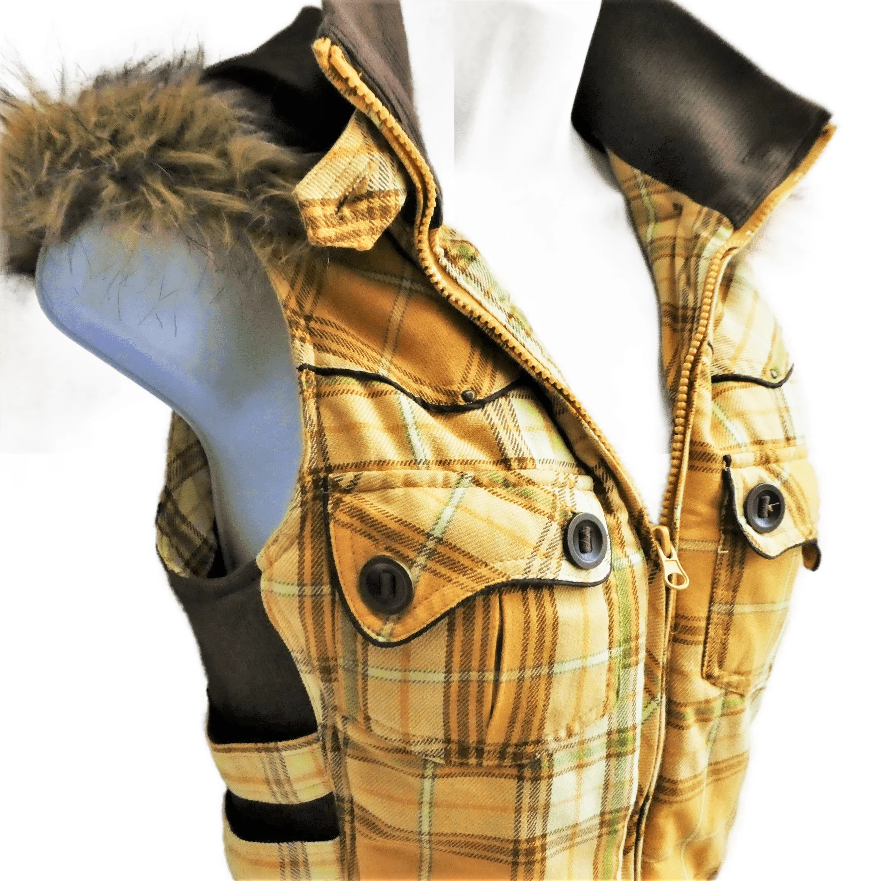 80s/90s Plaid Western Puff Vest Hoodie Zip Peak Yokes S - Image 3