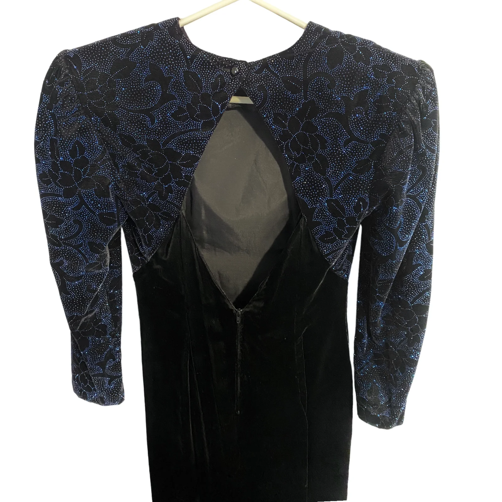 80s/90s Prom Dress Black Velvet Blue Glitter Open Back 8 By Scott McClintock - Image 4
